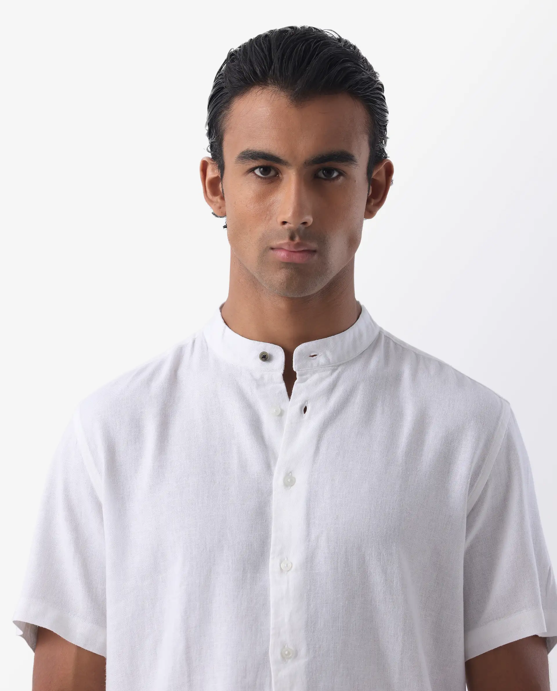 Rare Rabbit Men's Lune Ss White 100% Linen Plain Regular Fit Half Sleeve Mandarin Collar Shirt - Image 8