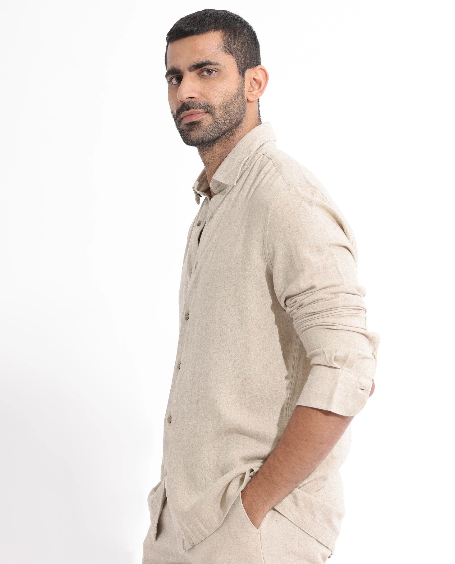 Rare Rabbit Men's Lunet Beige Linen Full Sleeves Solid Shirt - Image 3
