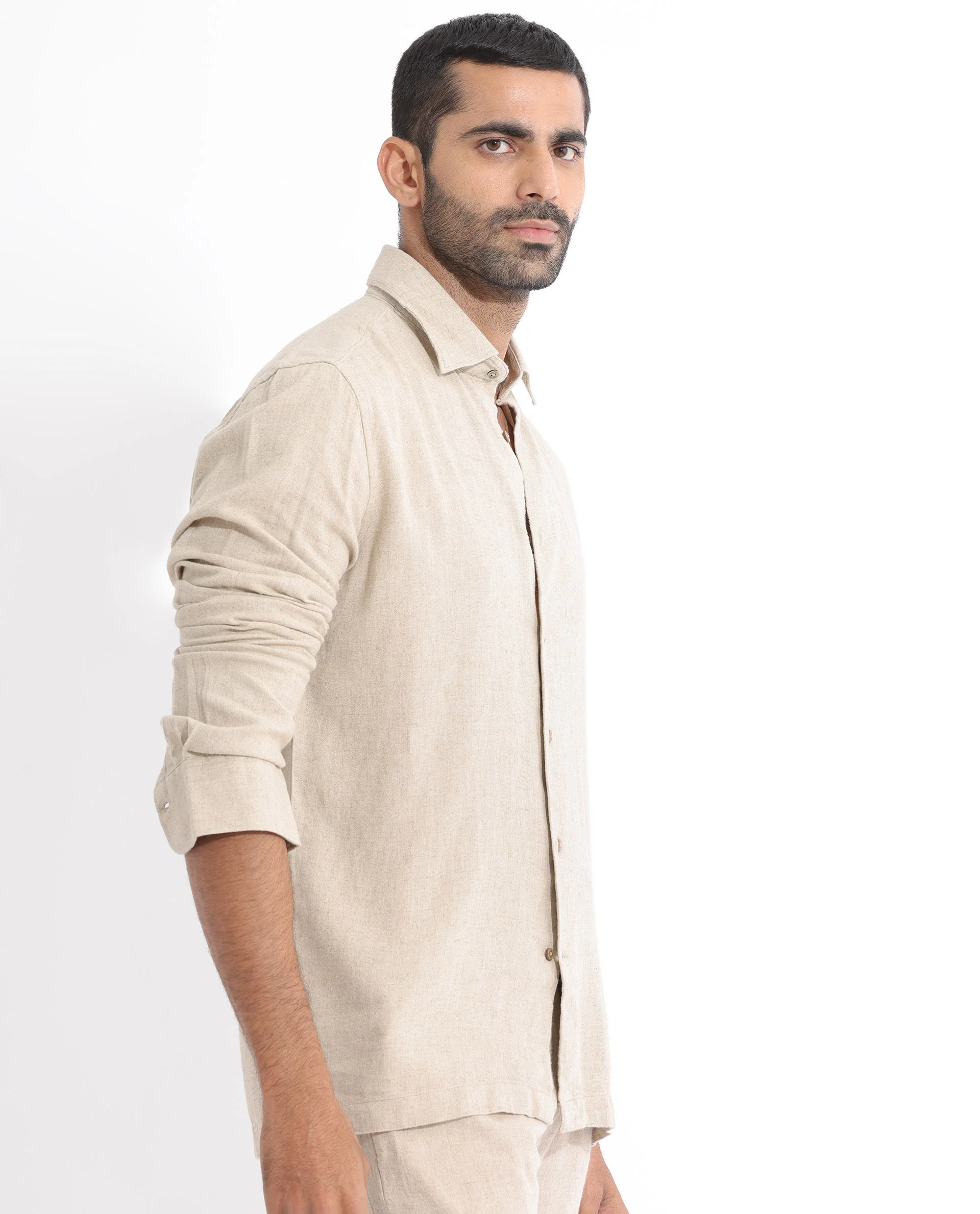Rare Rabbit Men's Lunet Beige Linen Full Sleeves Solid Shirt - Image 5