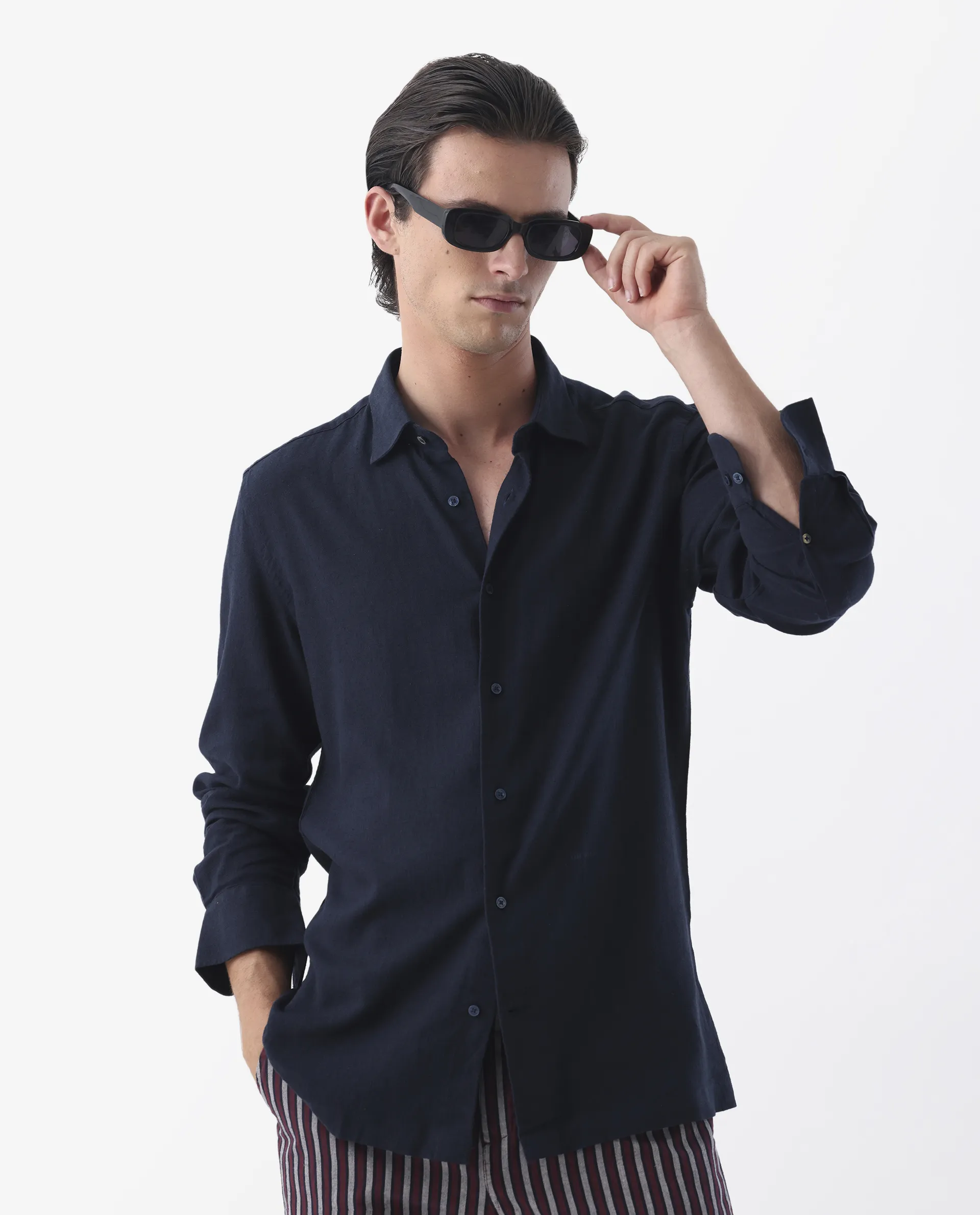 Rare Rabbit Men's Lunet Dark Navy Linen Full Sleeves Solid Shirt