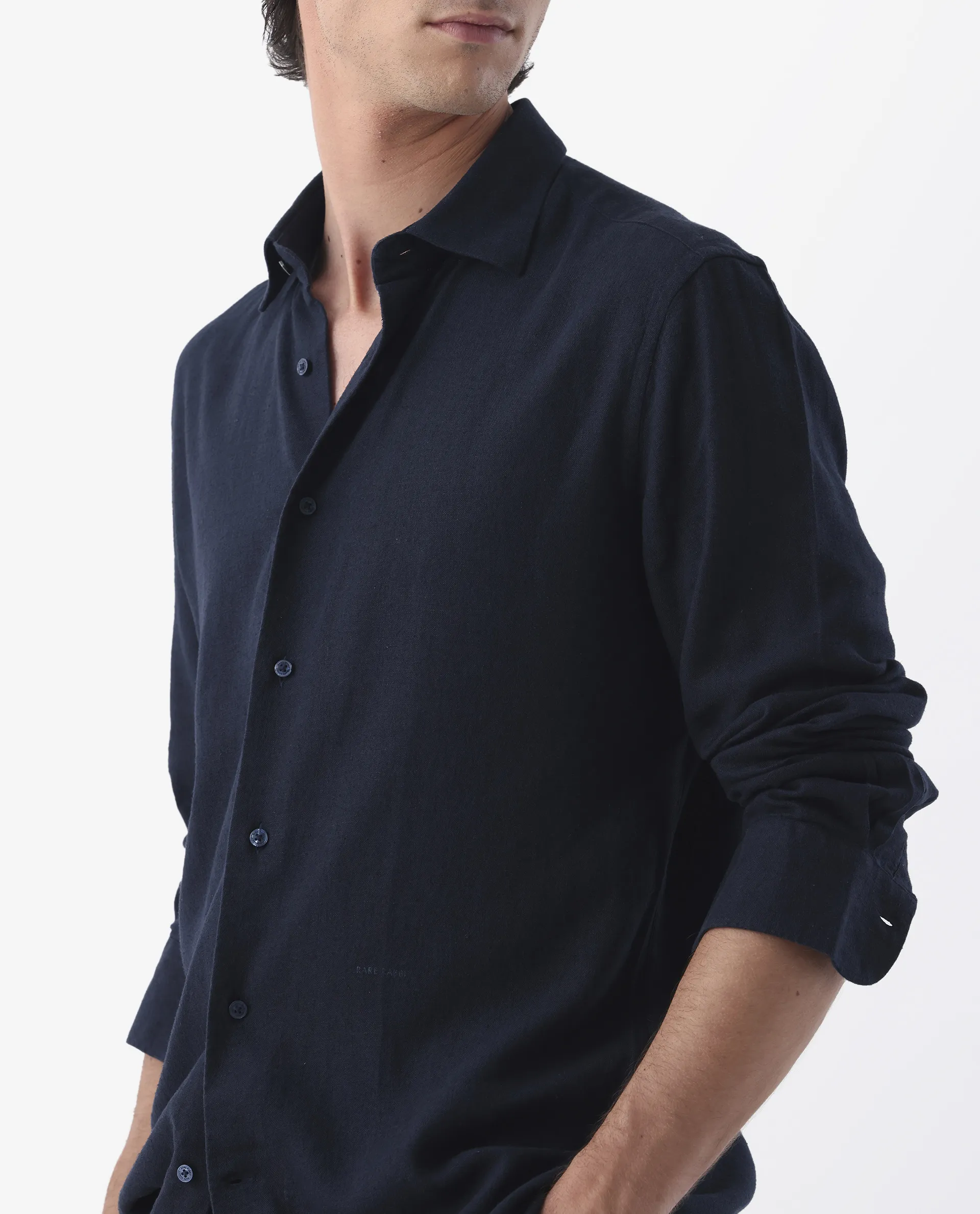 Rare Rabbit Men's Lunet Dark Navy Linen Full Sleeves Solid Shirt - Image 3