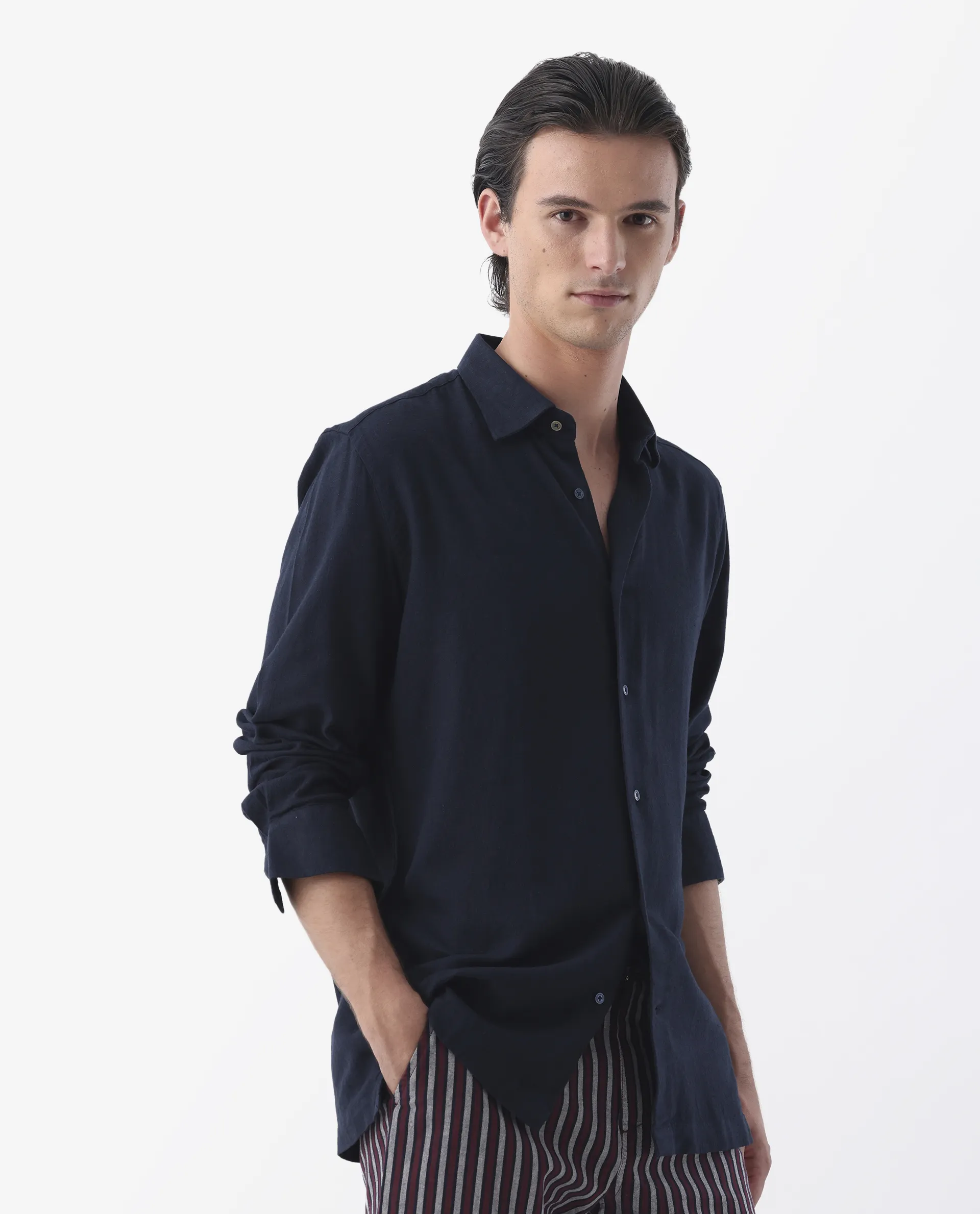 Rare Rabbit Men's Lunet Dark Navy Linen Full Sleeves Solid Shirt - Image 5
