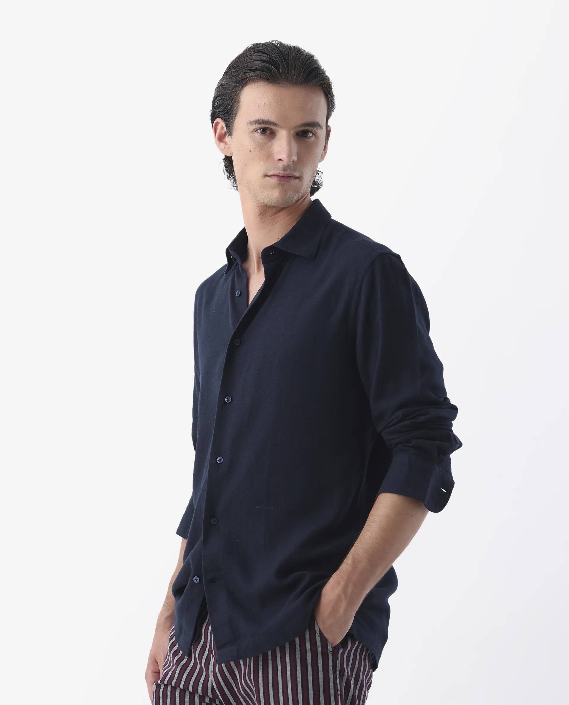 Rare Rabbit Men's Lunet Dark Navy Linen Full Sleeves Solid Shirt - Image 6
