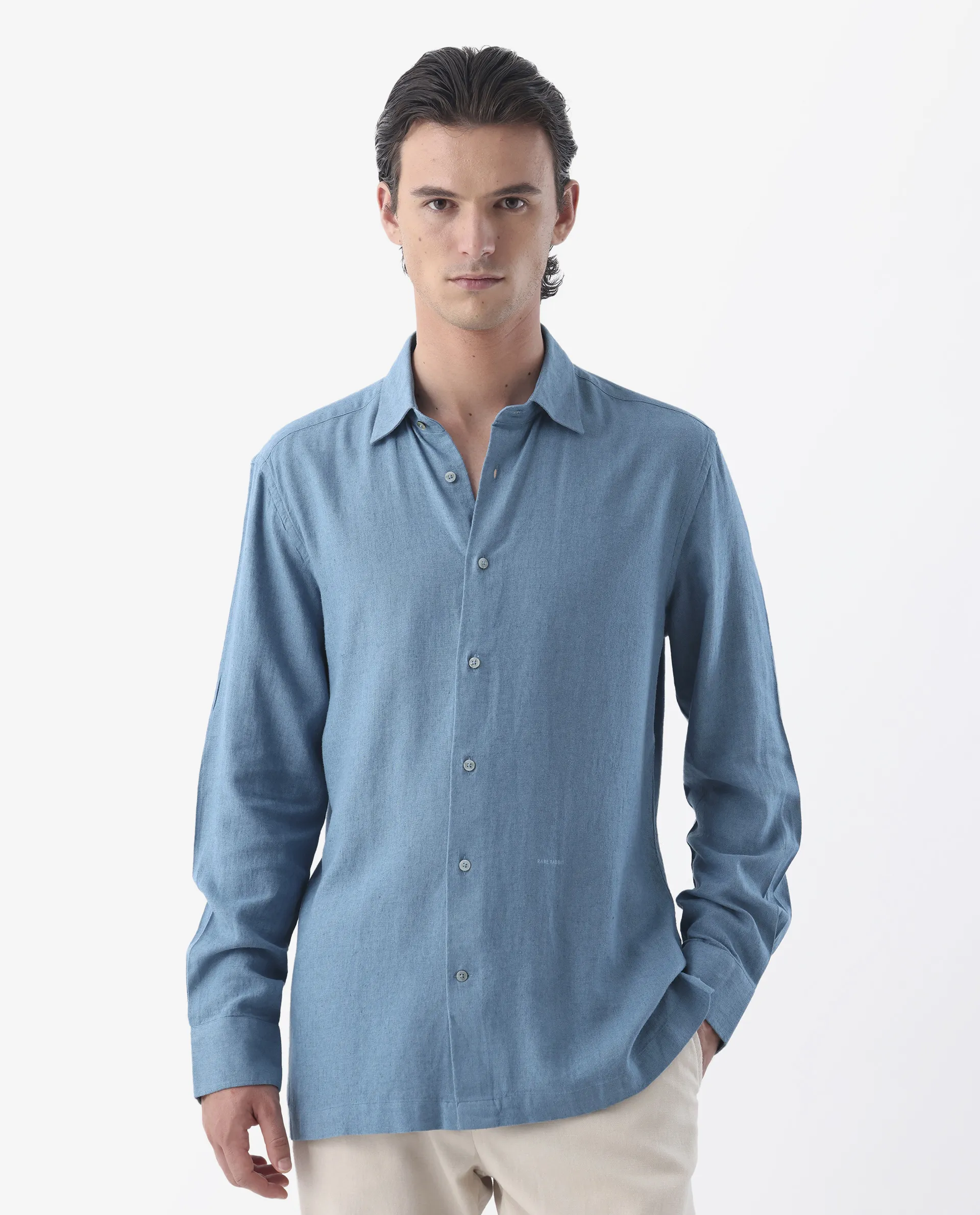 Rare Rabbit Men's Lunet Light Blue Linen Full Sleeves Solid Shirt - Image 2