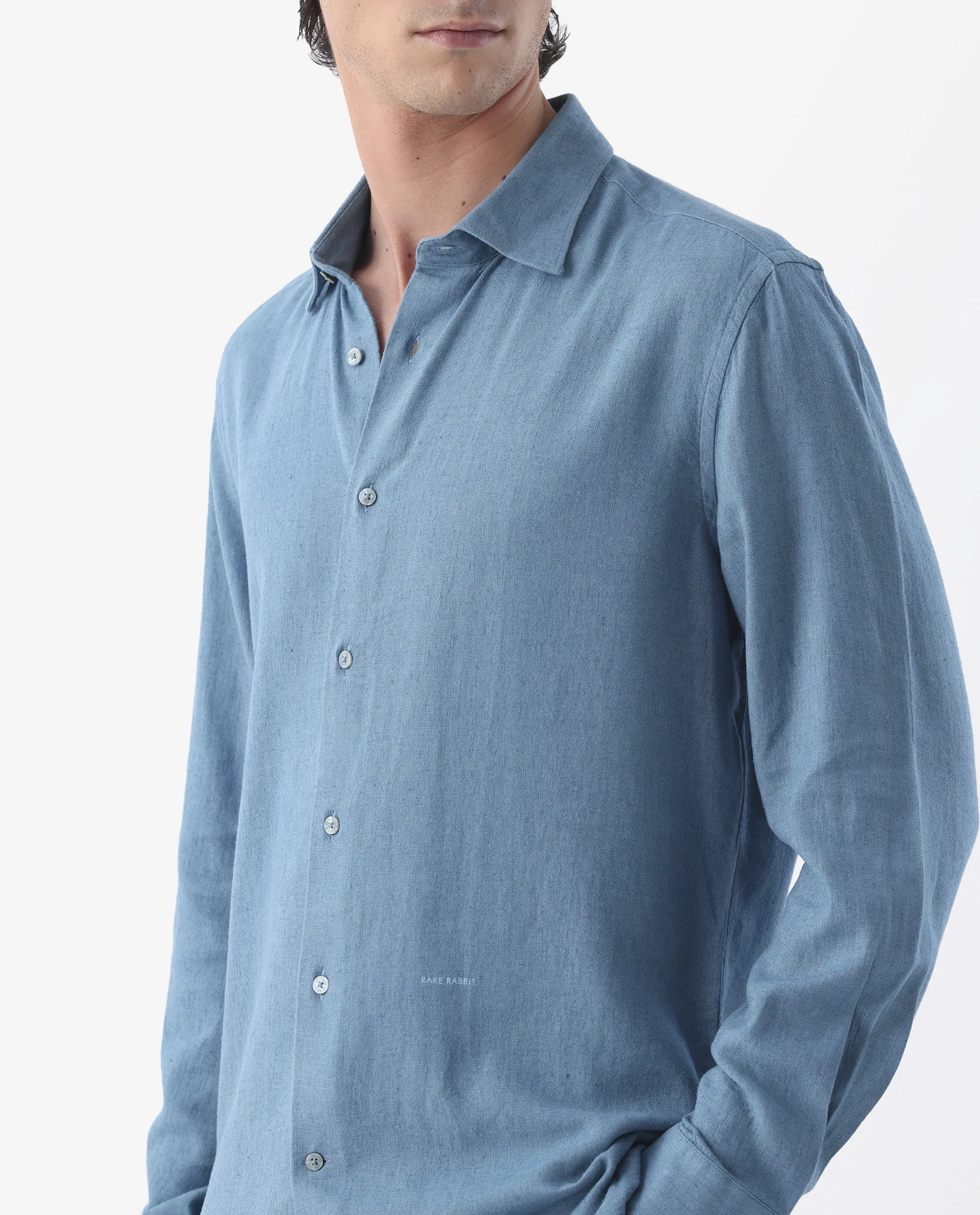 Rare Rabbit Men's Lunet Light Blue Linen Full Sleeves Solid Shirt - Image 3
