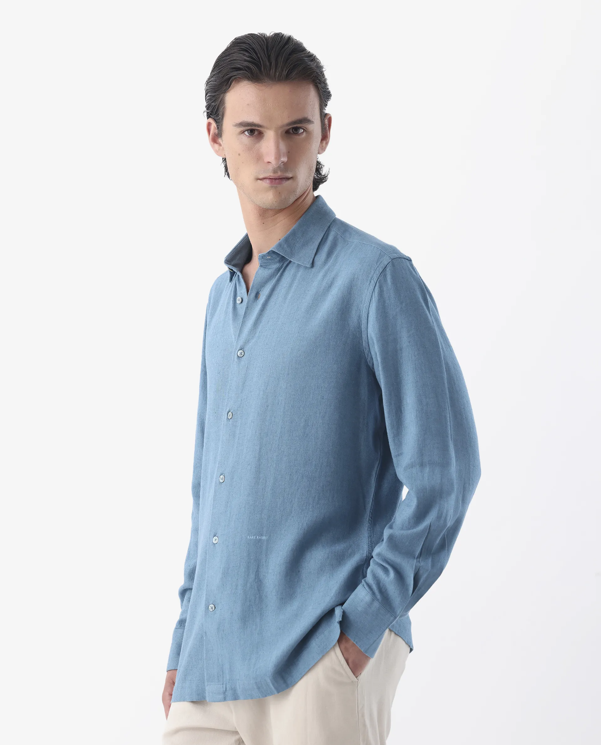 Rare Rabbit Men's Lunet Light Blue Linen Full Sleeves Solid Shirt - Image 5