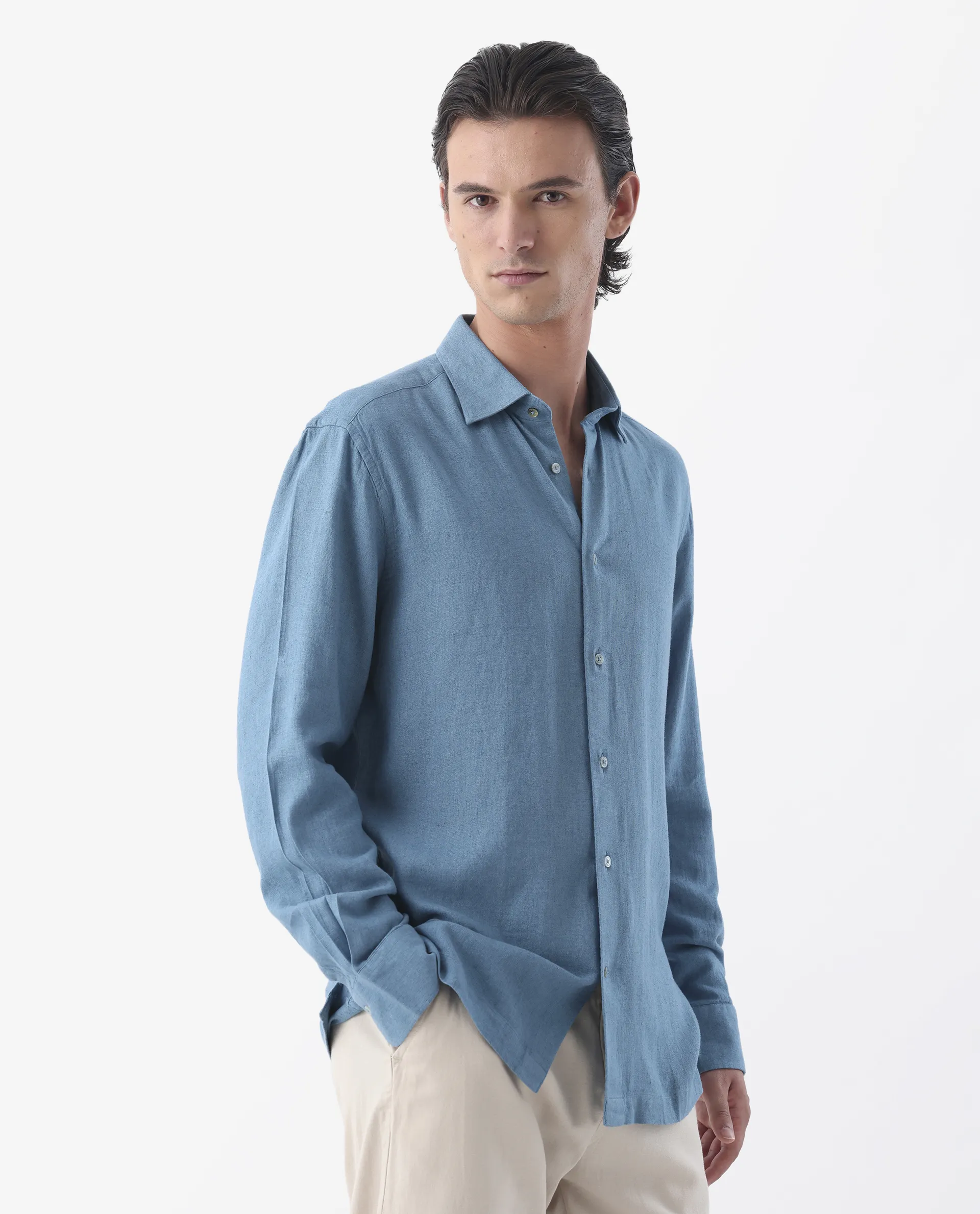 Rare Rabbit Men's Lunet Light Blue Linen Full Sleeves Solid Shirt - Image 6