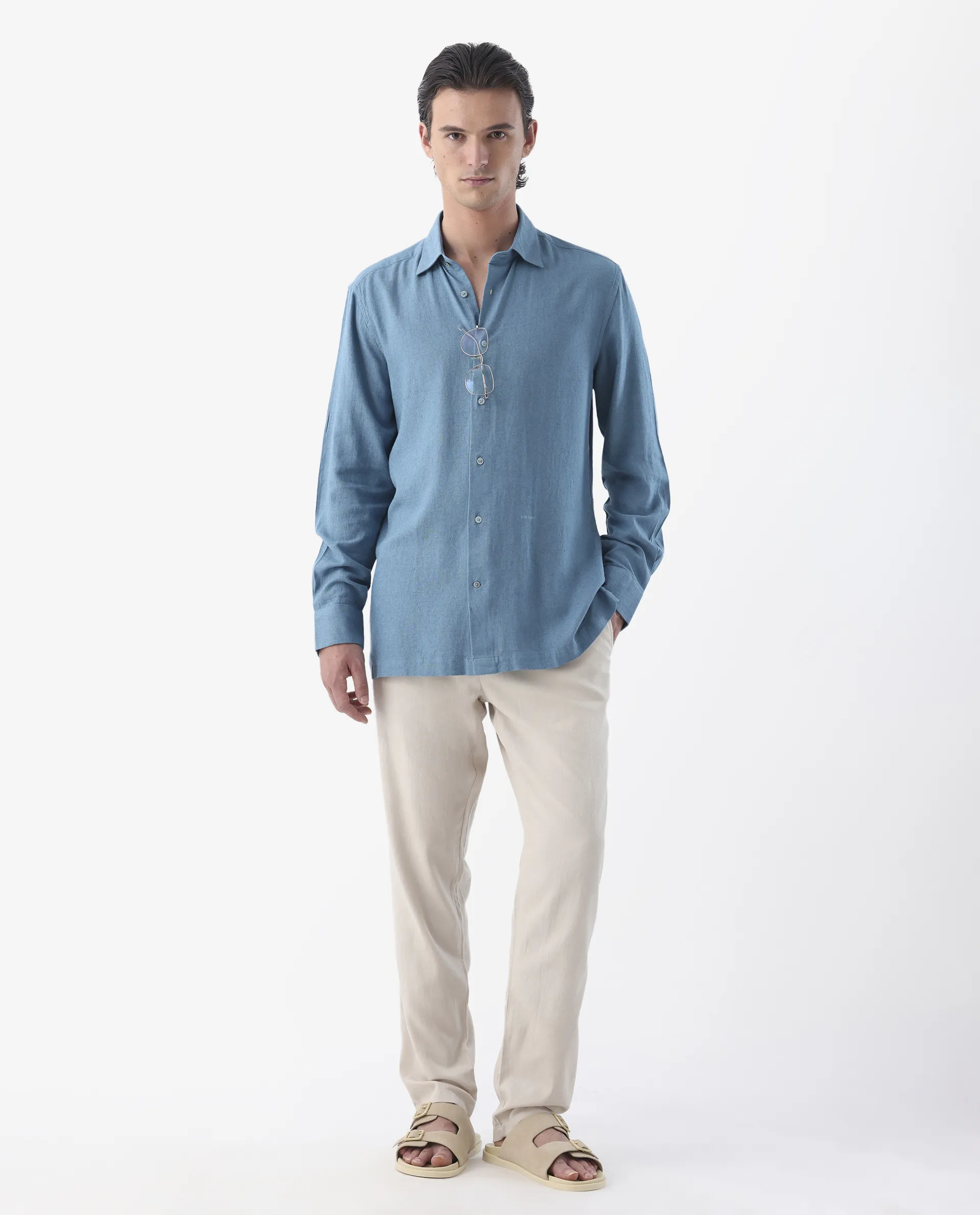 Rare Rabbit Men's Lunet Light Blue Linen Full Sleeves Solid Shirt - Image 7