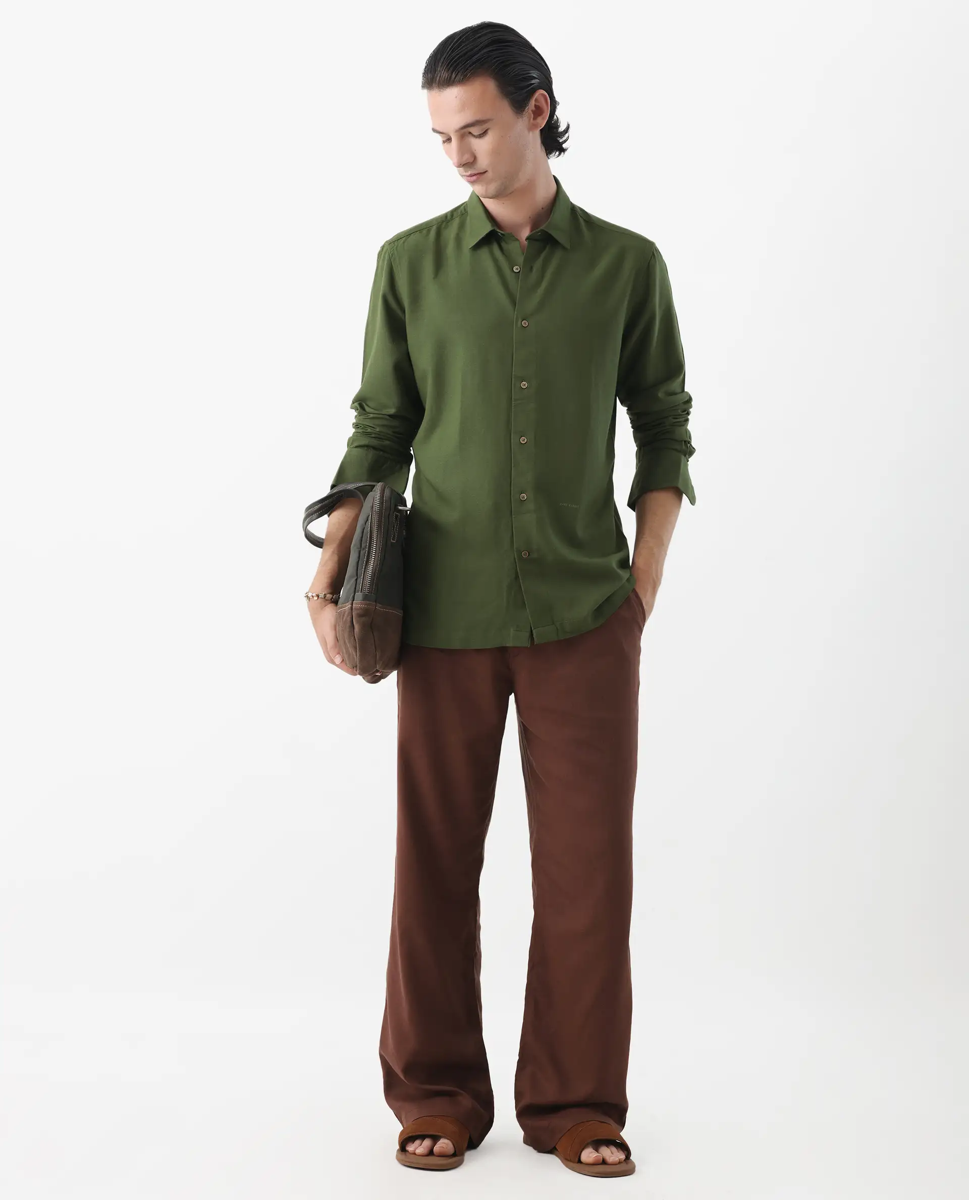 Rare Rabbit Men's Lunet Olive Linen Full Sleeves Solid Shirt - Image 2