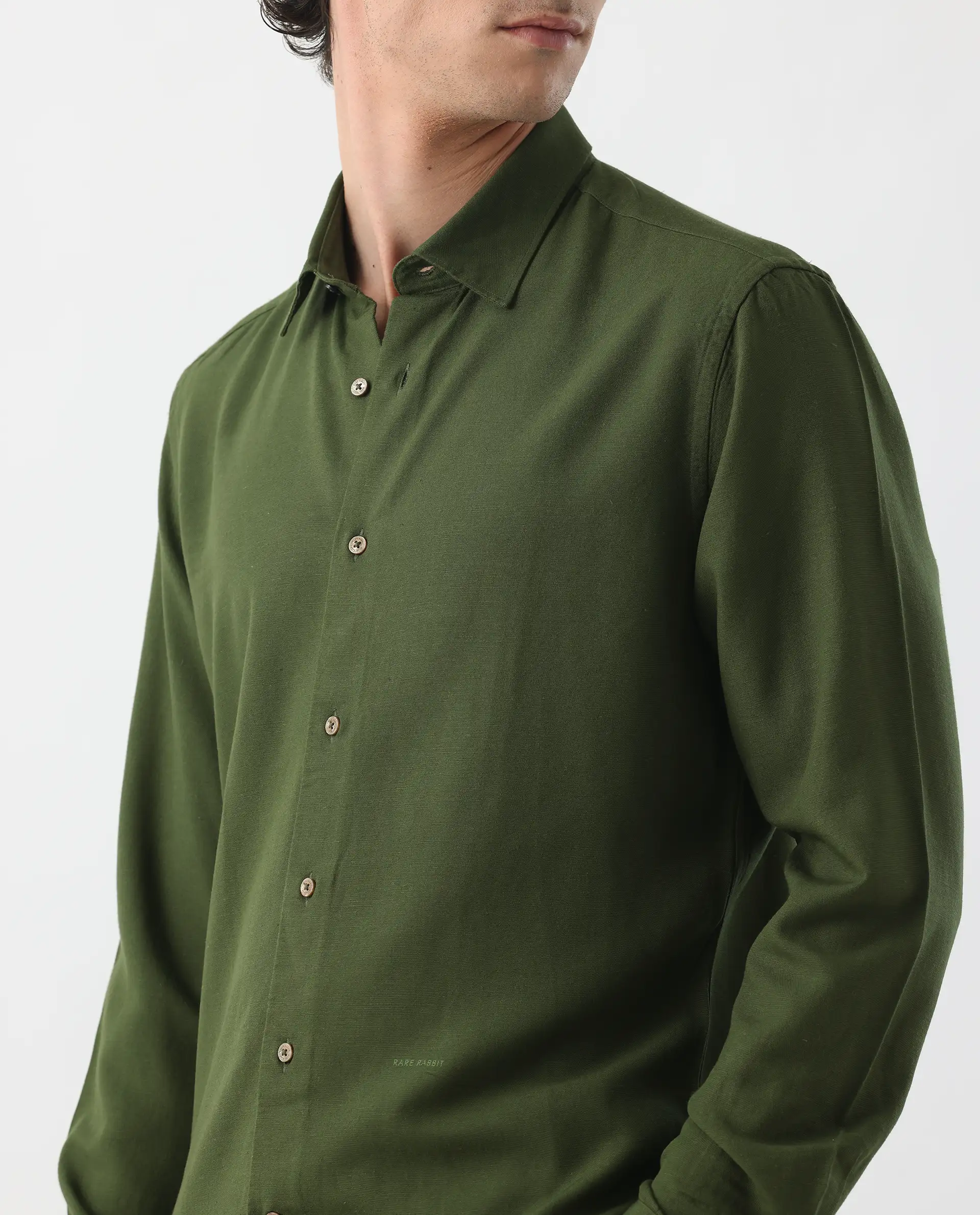 Rare Rabbit Men's Lunet Olive Linen Full Sleeves Solid Shirt - Image 3