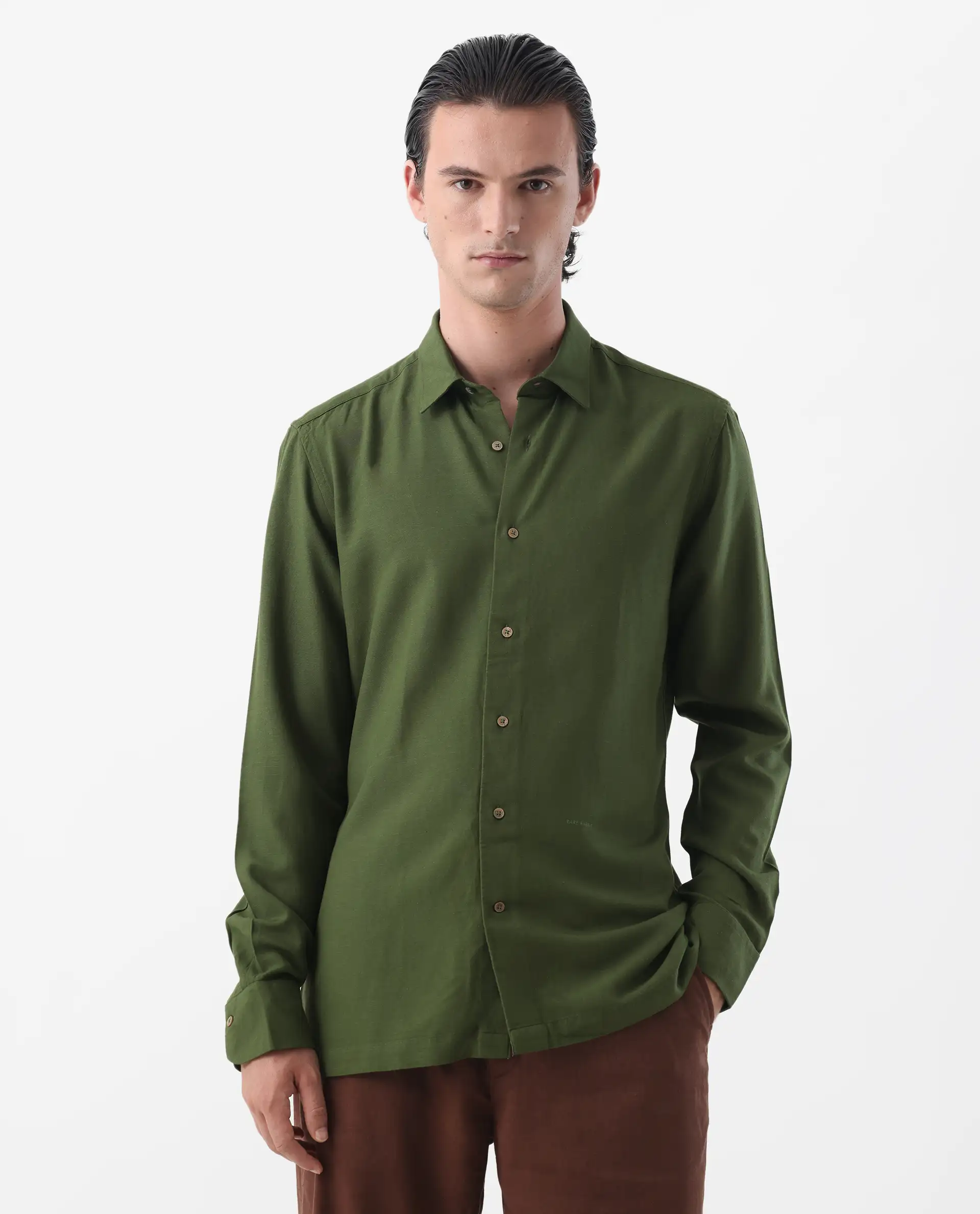 Rare Rabbit Men's Lunet Olive Linen Full Sleeves Solid Shirt - Image 5