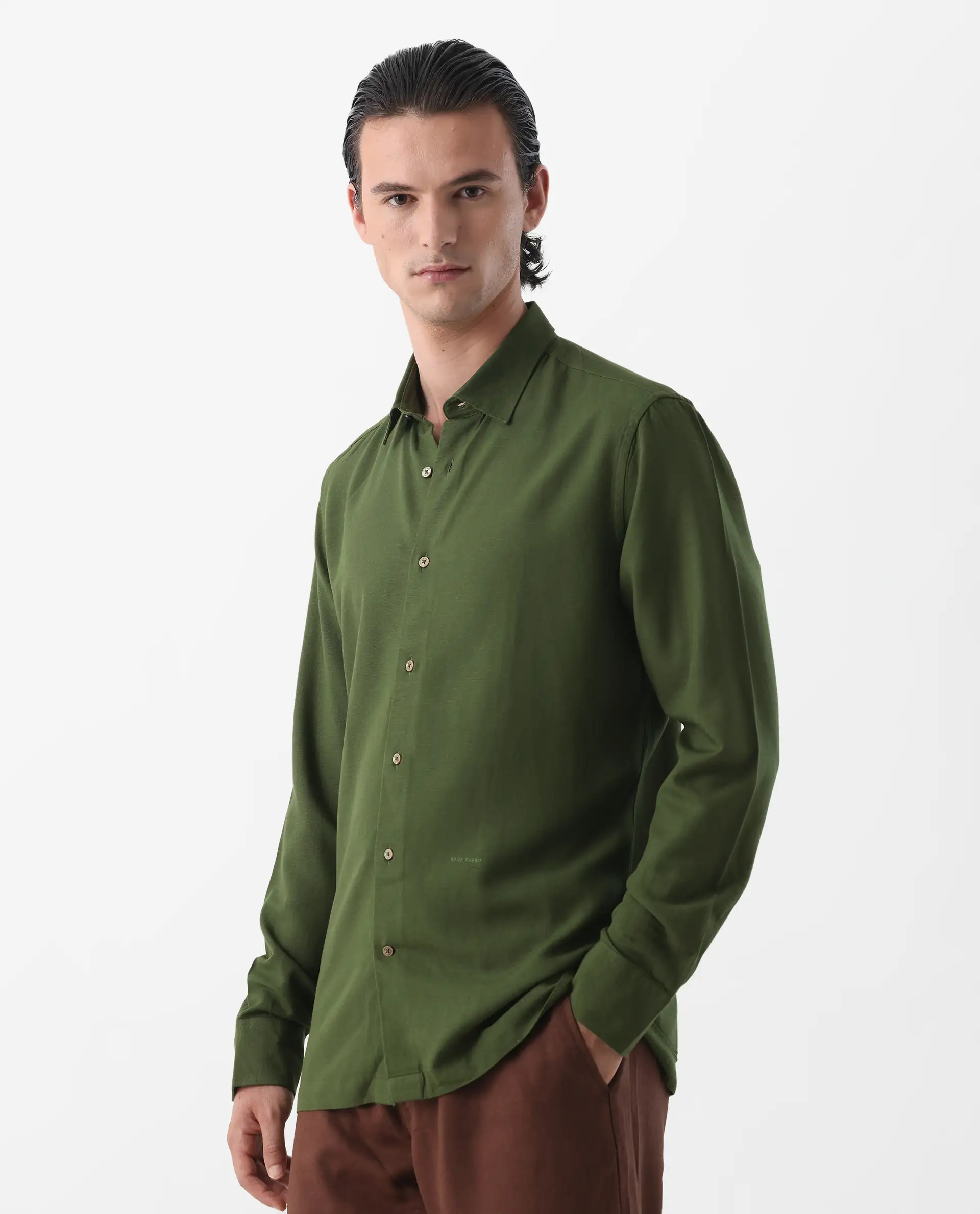 Rare Rabbit Men's Lunet Olive Linen Full Sleeves Solid Shirt - Image 6
