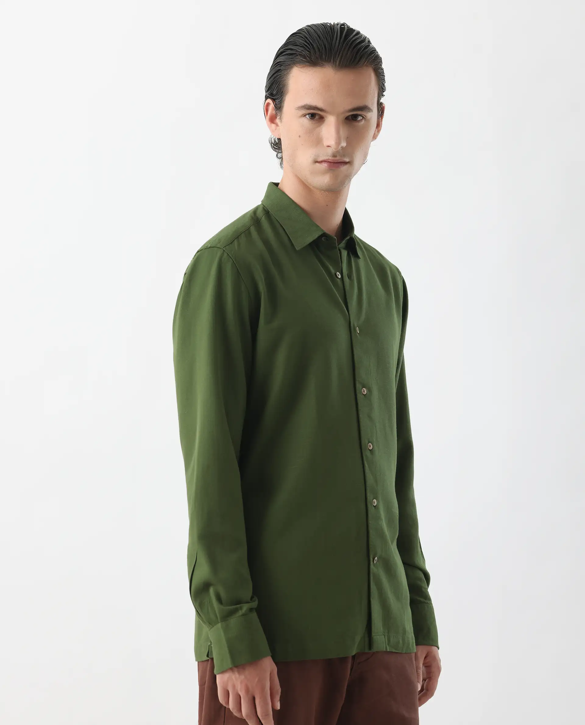 Rare Rabbit Men's Lunet Olive Linen Full Sleeves Solid Shirt - Image 7