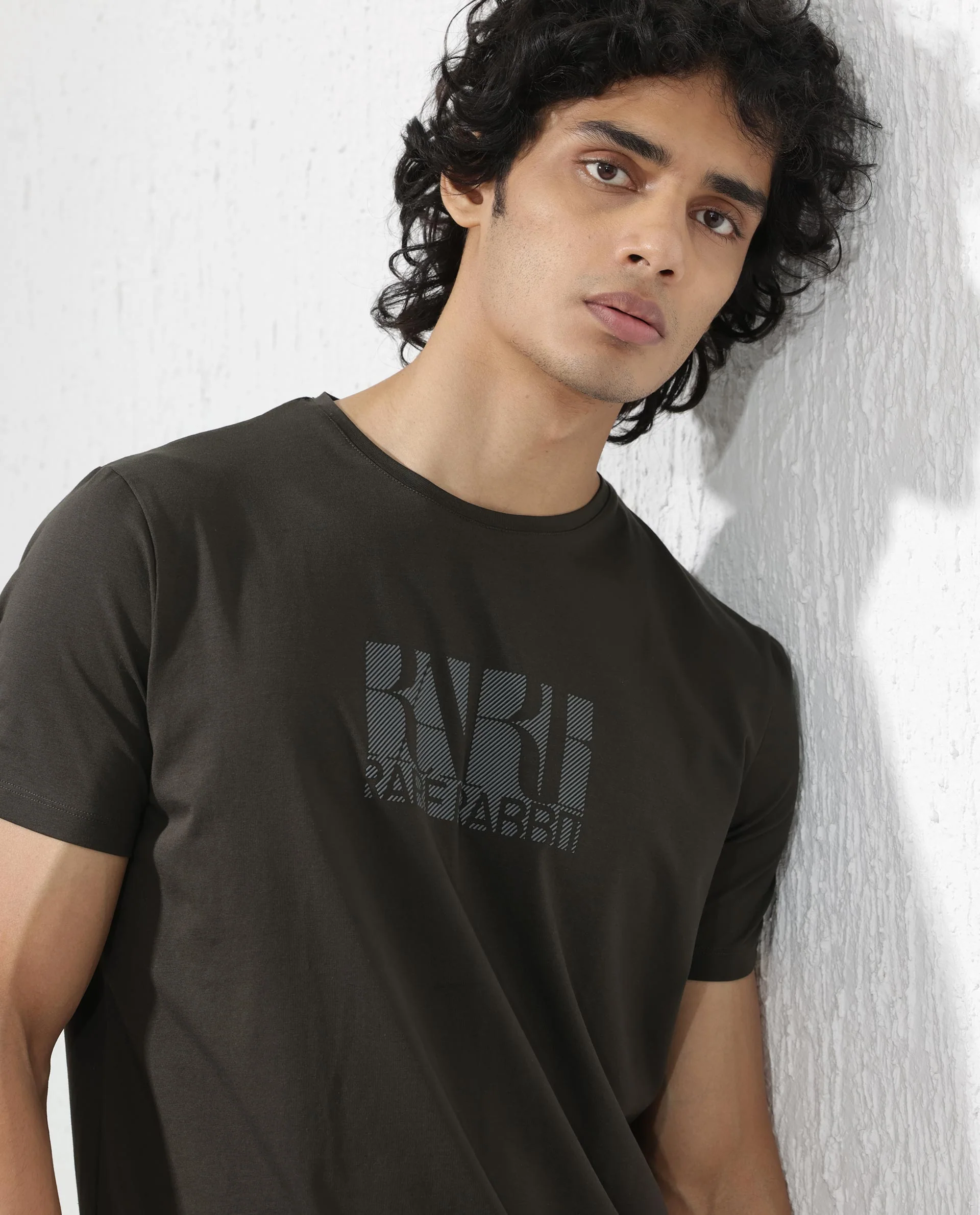 Rare Rabbit Men's Luno Olive Cotton Blend Graphic Print Regular Fit Half Sleeve Crew Neck T-Shirt - Image 2