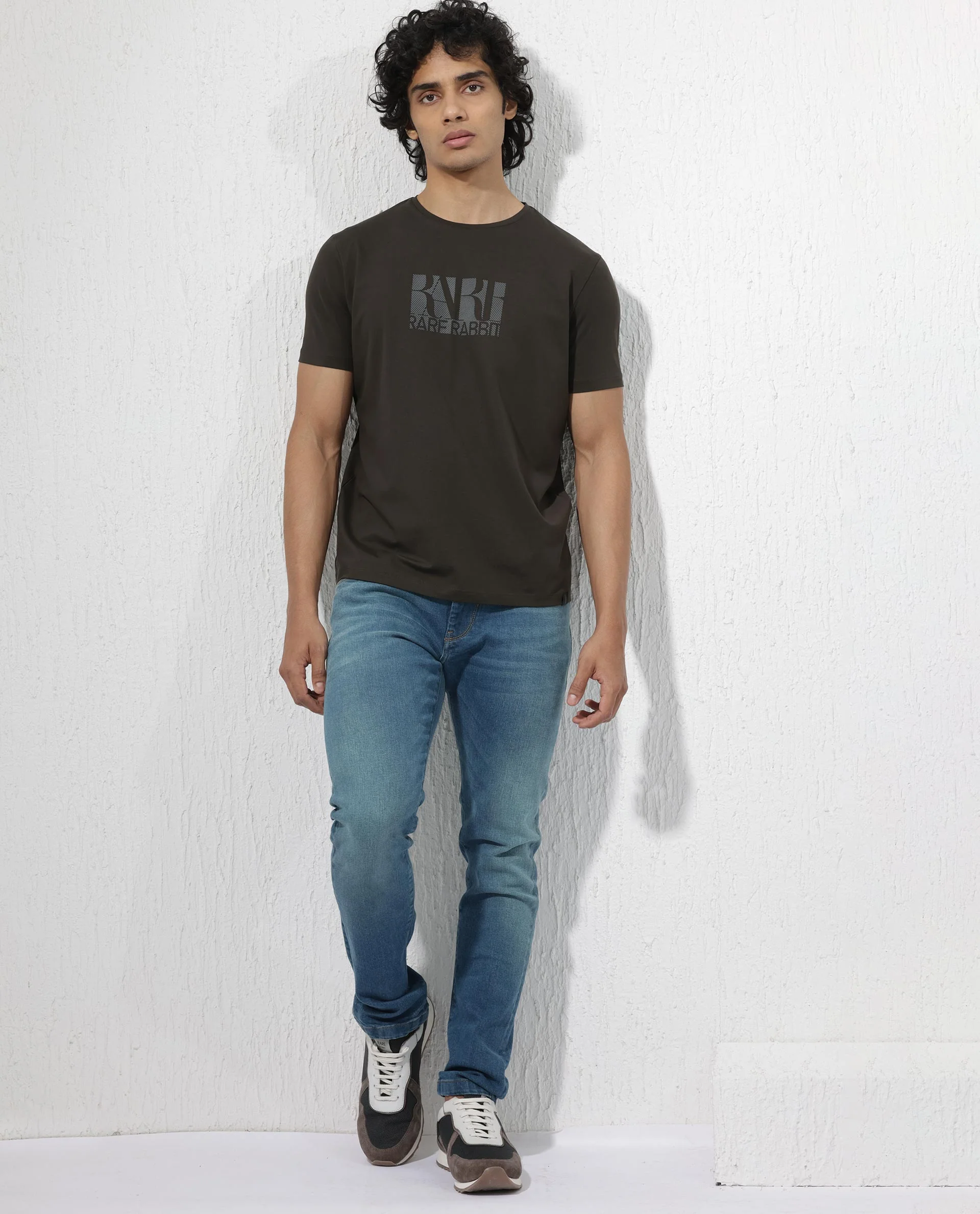 Rare Rabbit Men's Luno Olive Cotton Blend Graphic Print Regular Fit Half Sleeve Crew Neck T-Shirt - Image 3
