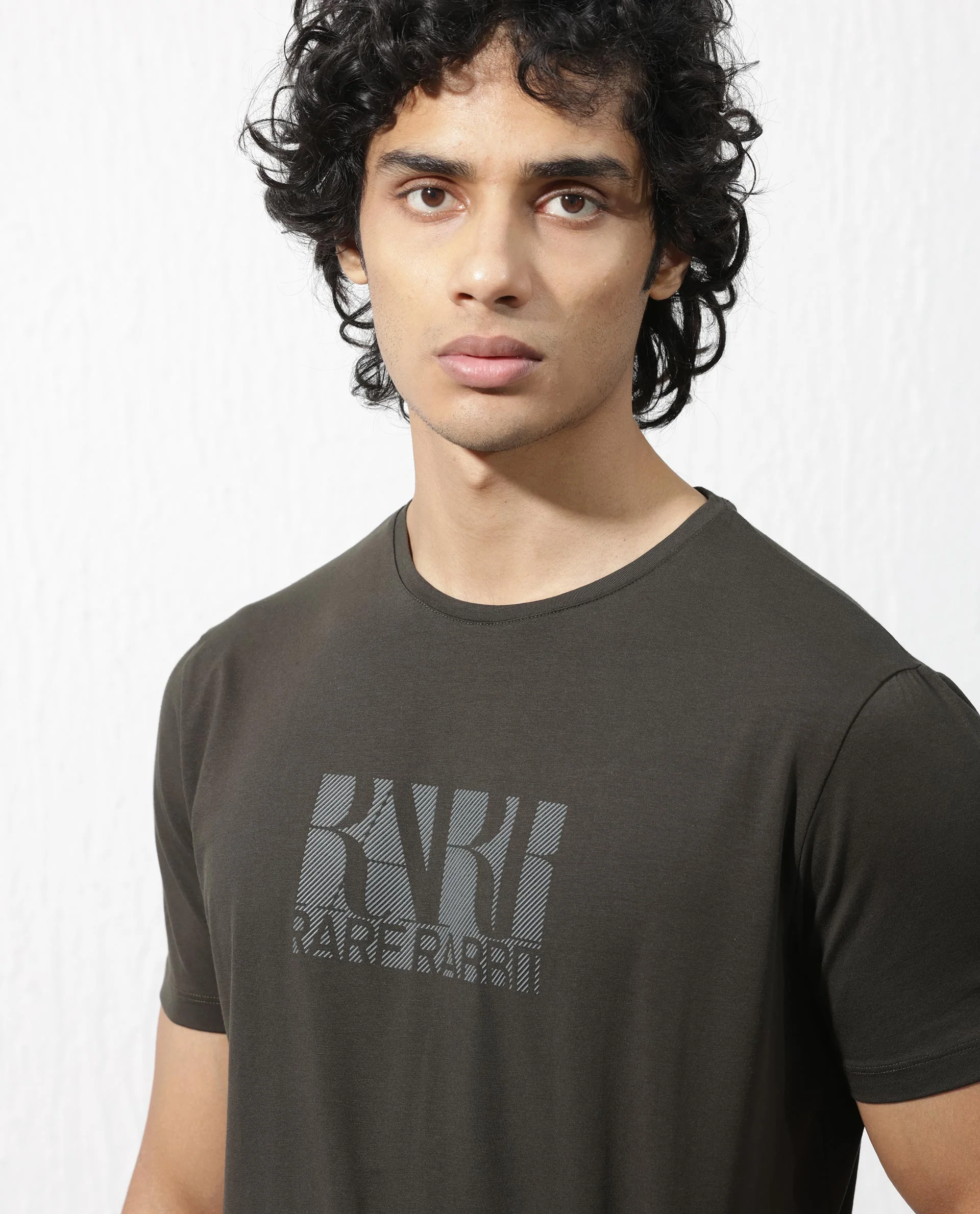 Rare Rabbit Men's Luno Olive Cotton Blend Graphic Print Regular Fit Half Sleeve Crew Neck T-Shirt - Image 4