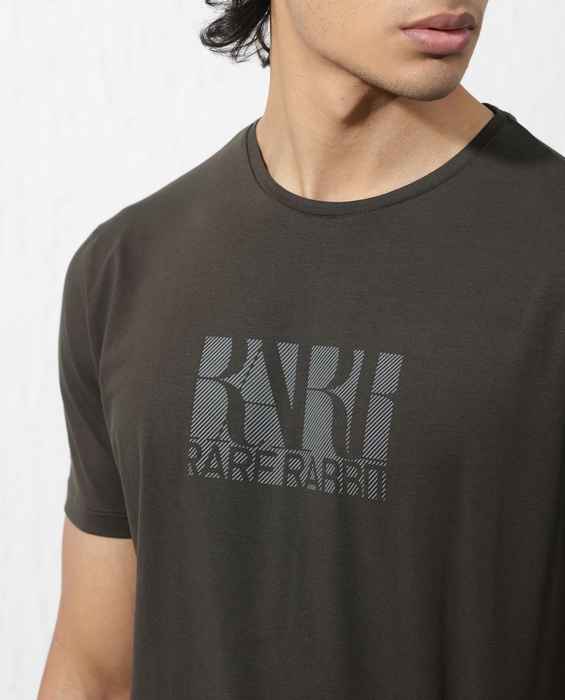 Rare Rabbit Men's Luno Olive Cotton Blend Graphic Print Regular Fit Half Sleeve Crew Neck T-Shirt - Image 5
