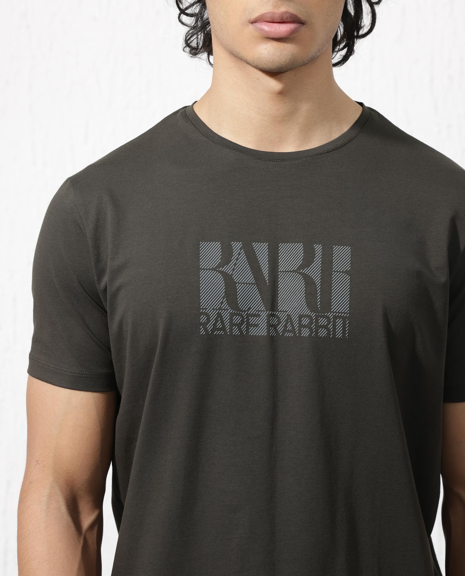 Rare Rabbit Men's Luno Olive Cotton Blend Graphic Print Regular Fit Half Sleeve Crew Neck T-Shirt - Image 6