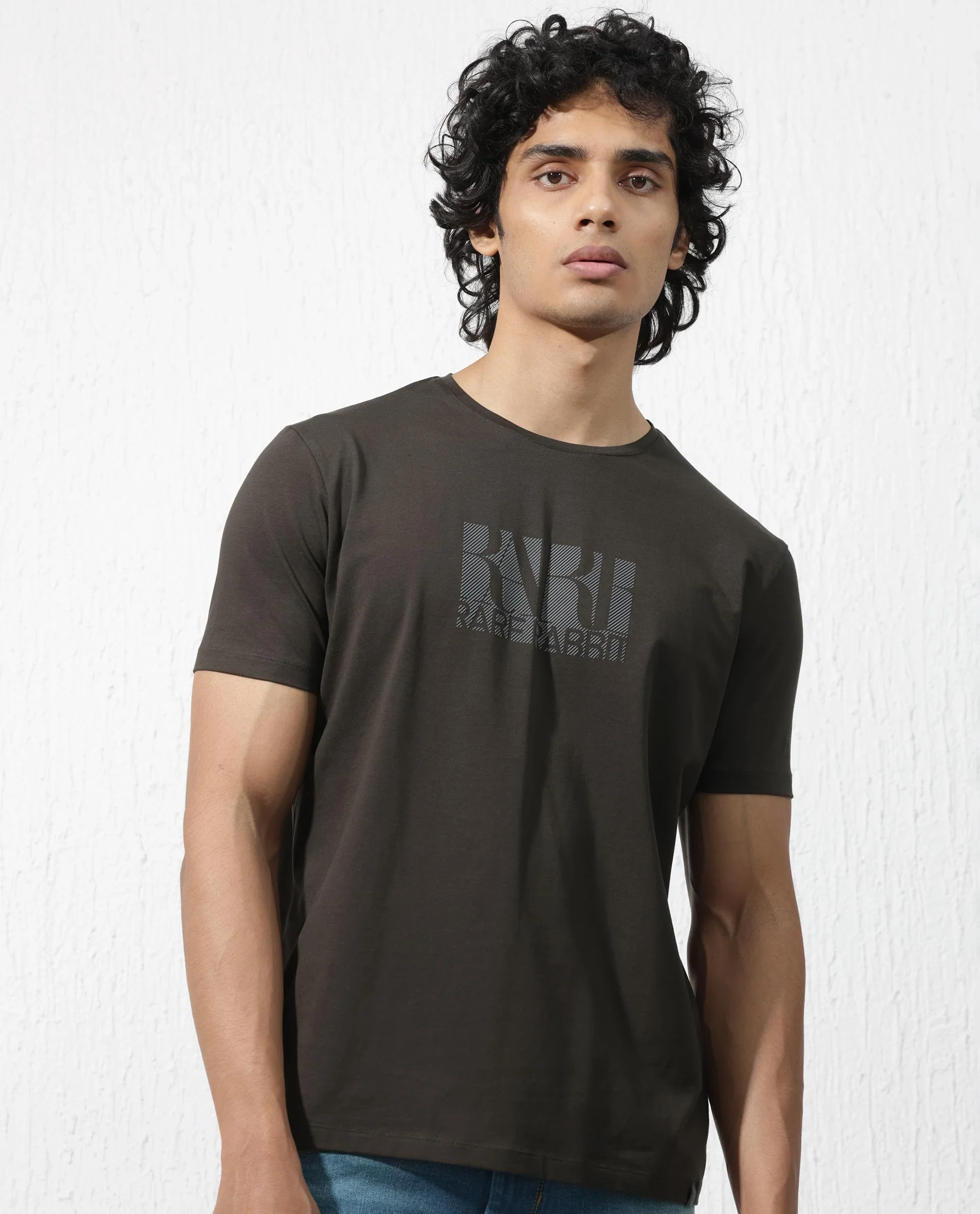 Rare Rabbit Men's Luno Olive Cotton Blend Graphic Print Regular Fit Half Sleeve Crew Neck T-Shirt - Image 7
