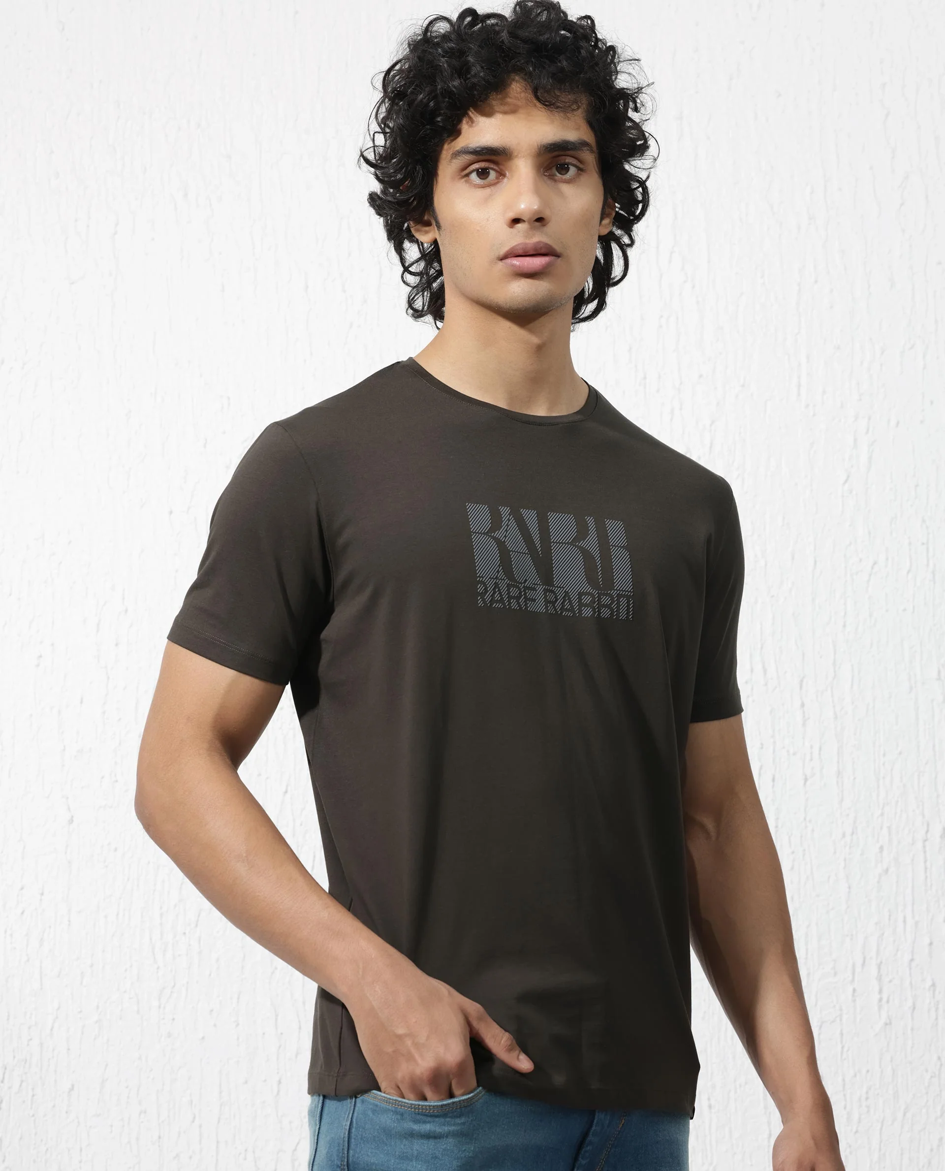 Rare Rabbit Men's Luno Olive Cotton Blend Graphic Print Regular Fit Half Sleeve Crew Neck T-Shirt - Image 9