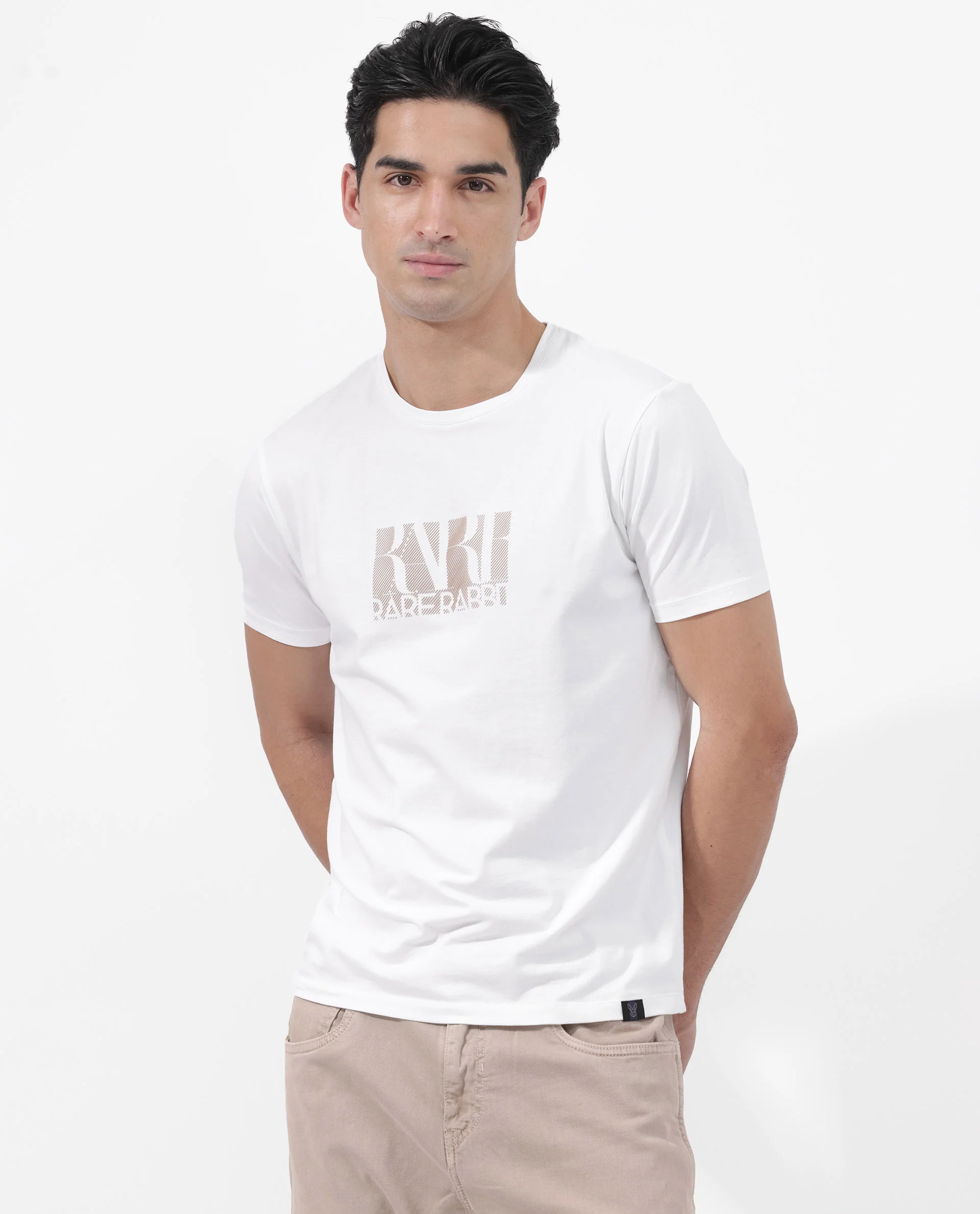 Rare Rabbit Men's Luno White Cotton Blend Graphic Print Regular Fit Half Sleeve Crew Neck T-Shirt - Image 3