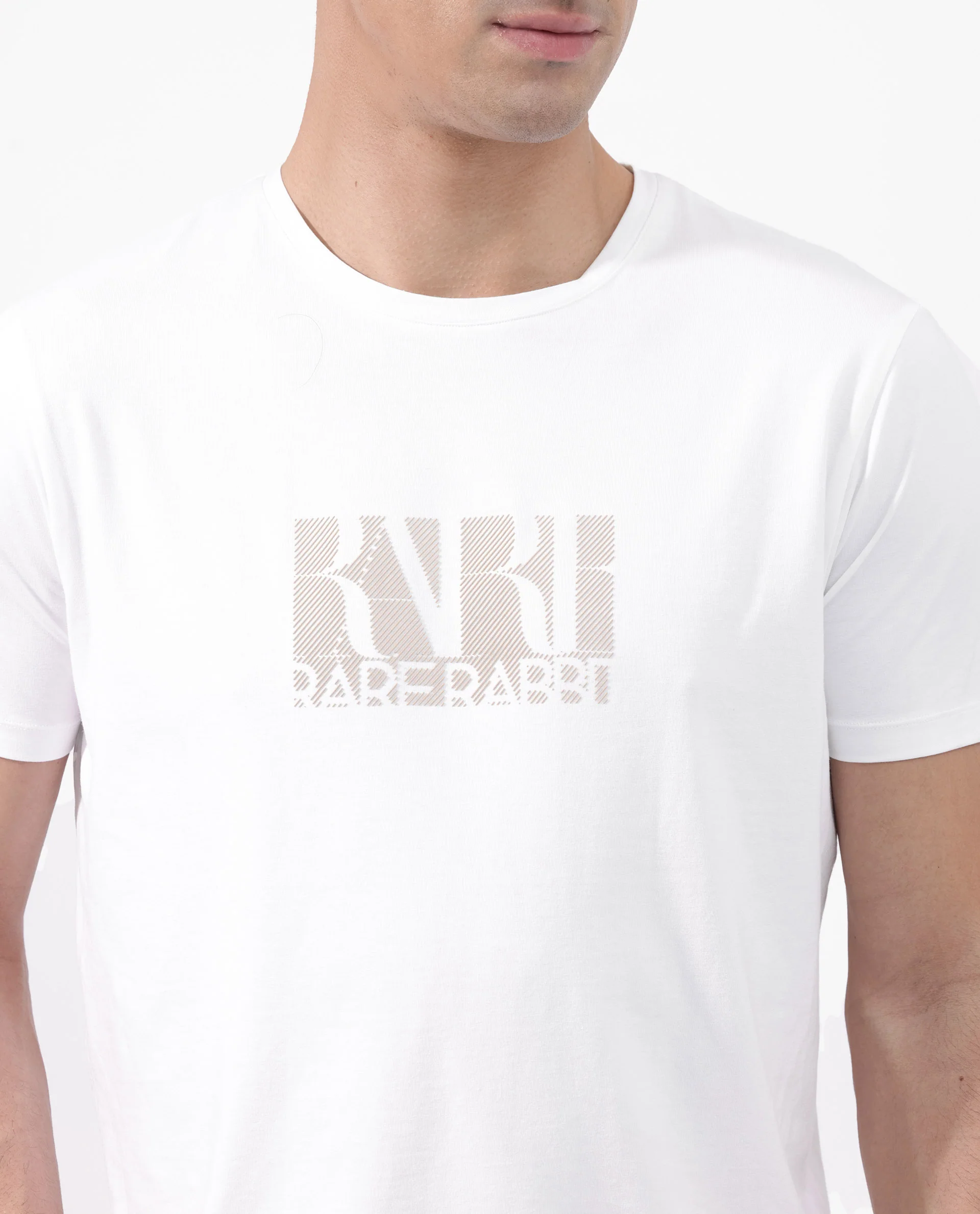 Rare Rabbit Men's Luno White Cotton Blend Graphic Print Regular Fit Half Sleeve Crew Neck T-Shirt - Image 4