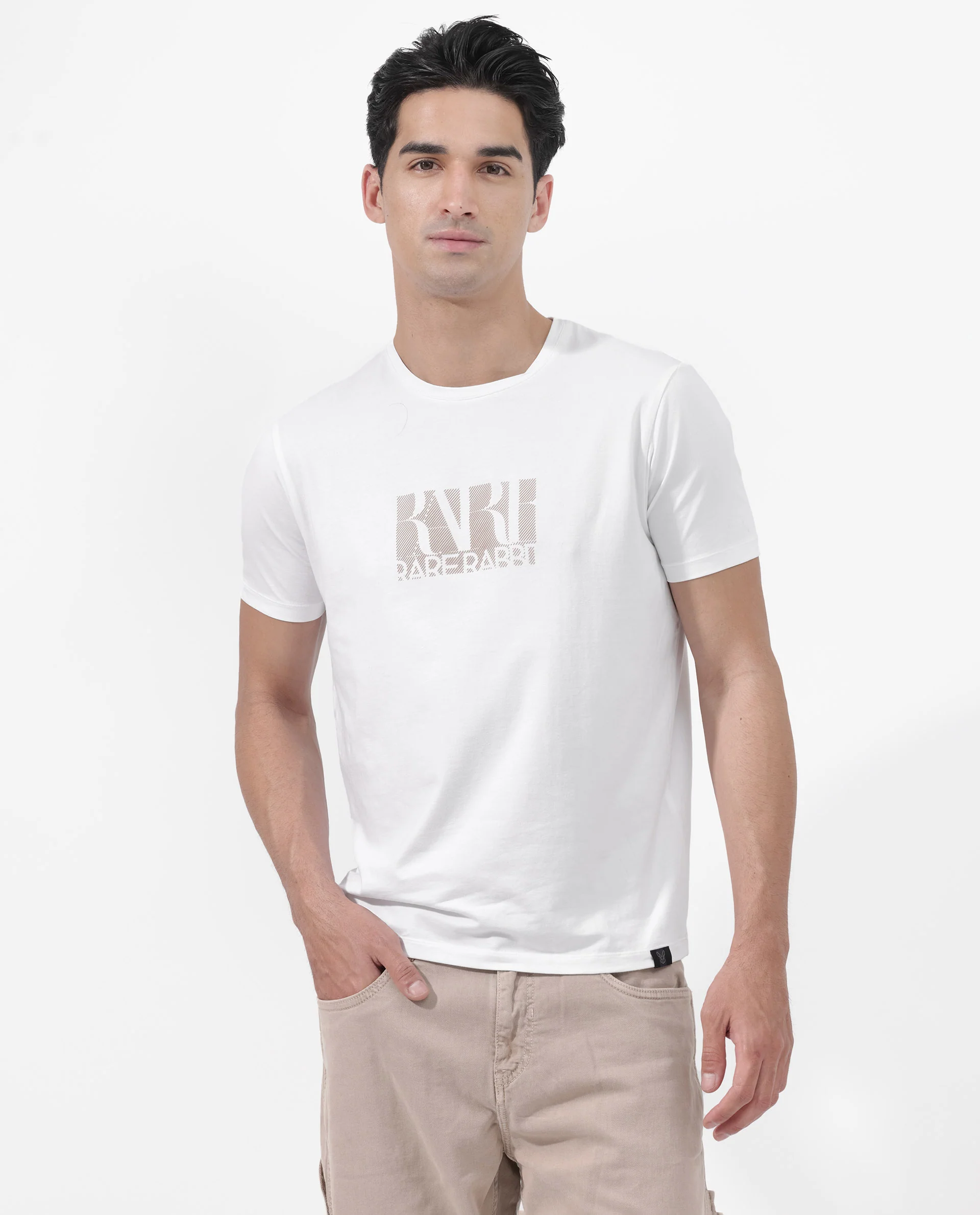 Rare Rabbit Men's Luno White Cotton Blend Graphic Print Regular Fit Half Sleeve Crew Neck T-Shirt - Image 7
