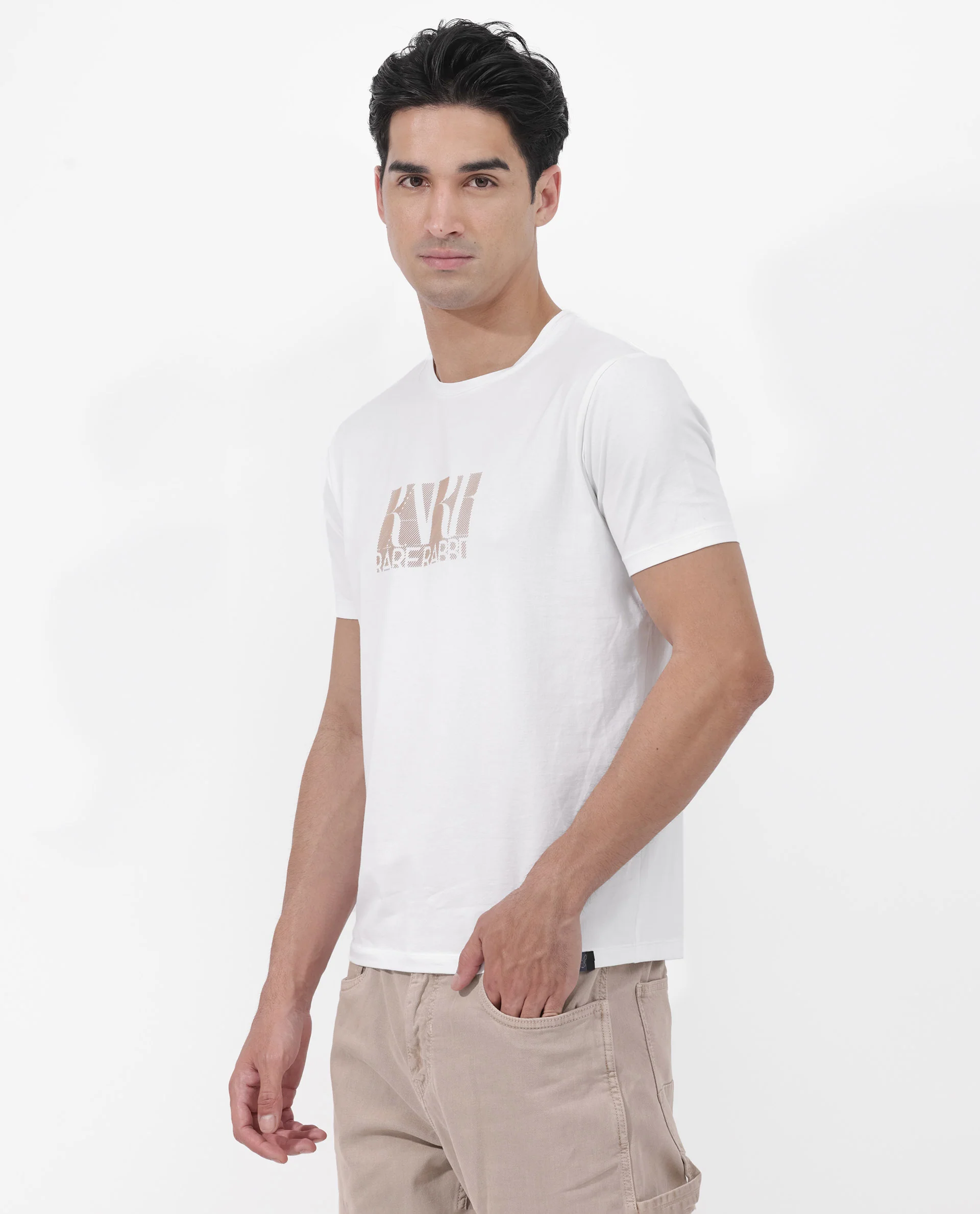 Rare Rabbit Men's Luno White Cotton Blend Graphic Print Regular Fit Half Sleeve Crew Neck T-Shirt - Image 8