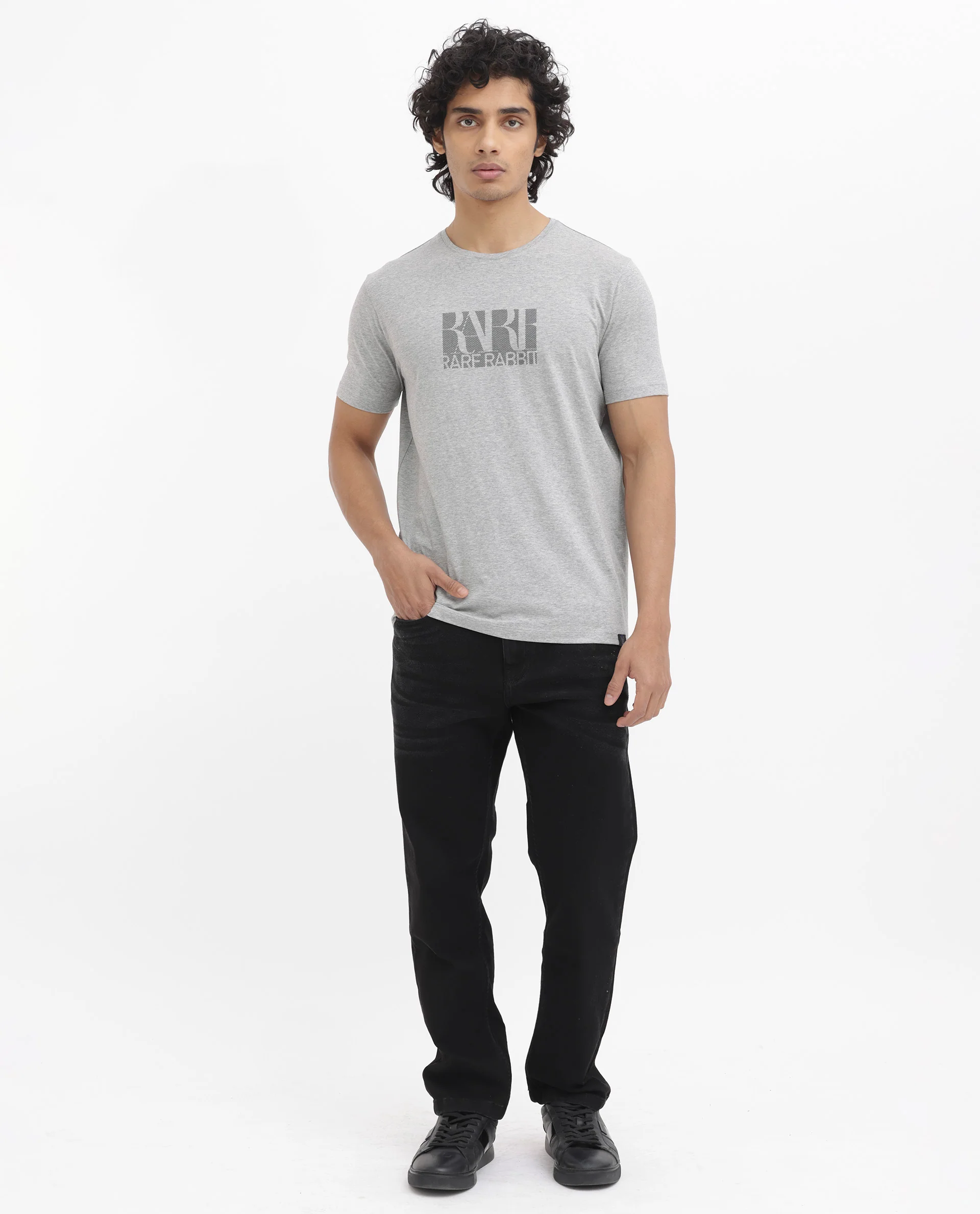 Rare Rabbit Men's Luno Mel Grey Cotton Blend Graphic Print Regular Fit Half Sleeve Crew Neck T-Shirt - Image 3
