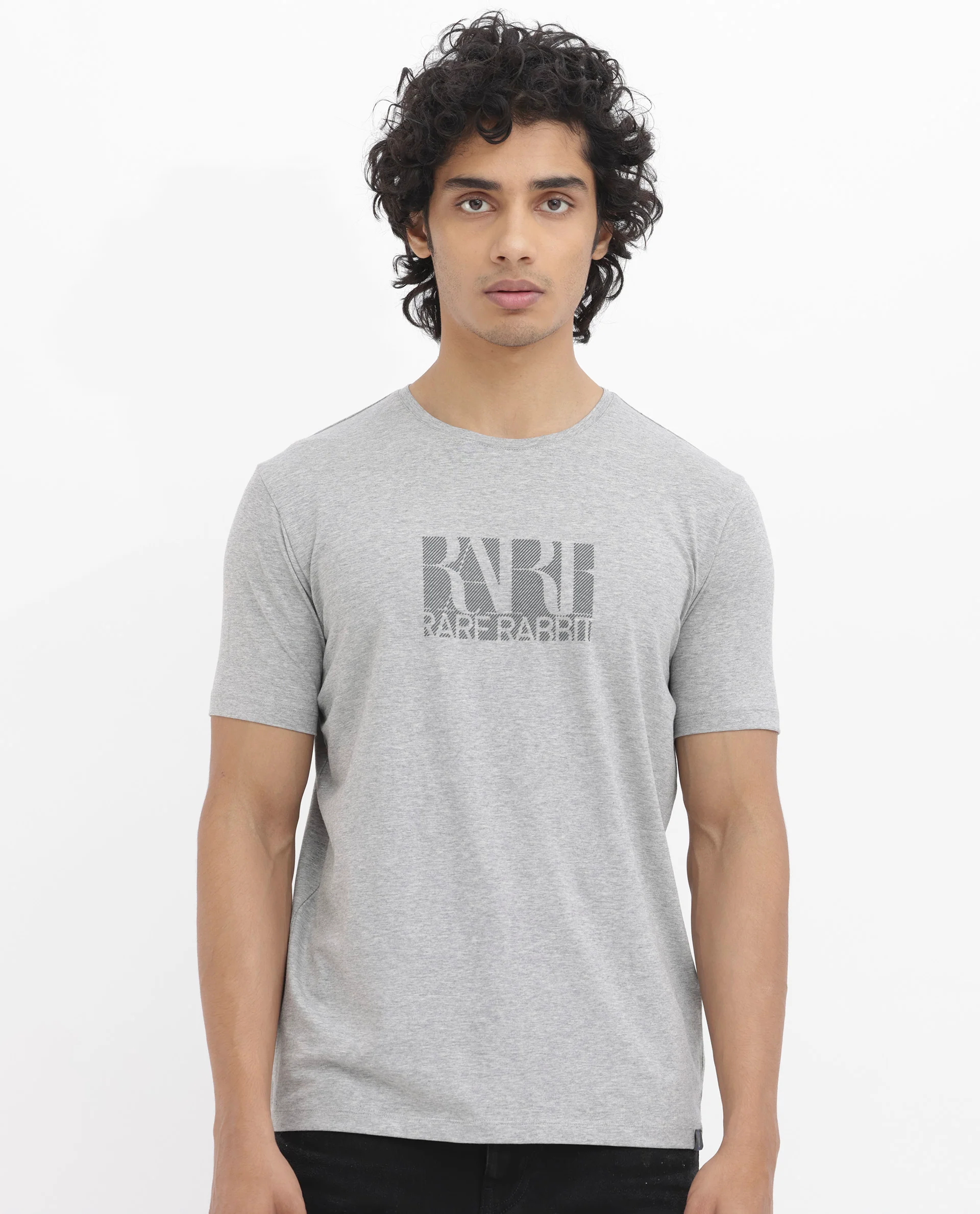 Rare Rabbit Men's Luno Mel Grey Cotton Blend Graphic Print Regular Fit Half Sleeve Crew Neck T-Shirt - Image 4