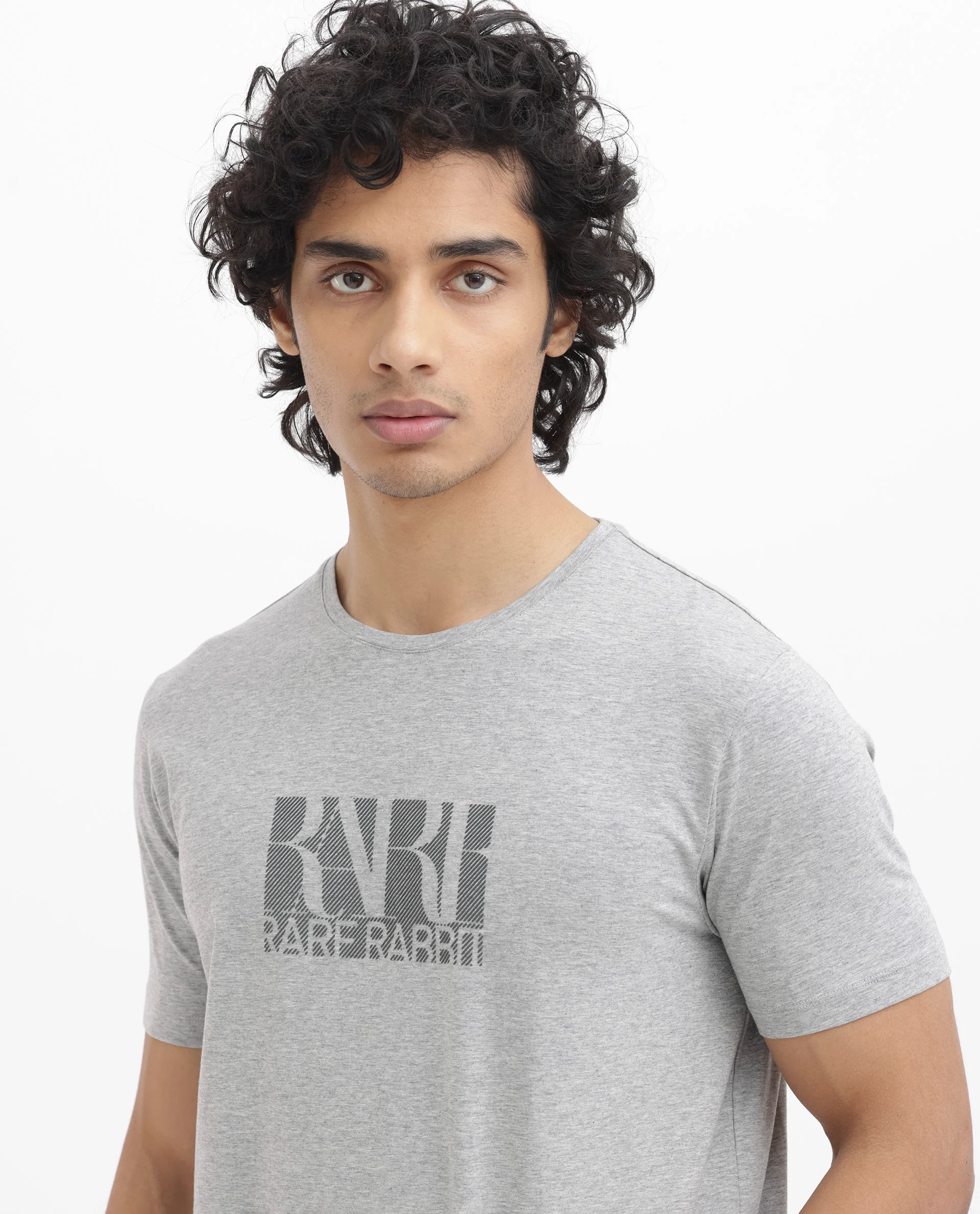 Rare Rabbit Men's Luno Mel Grey Cotton Blend Graphic Print Regular Fit Half Sleeve Crew Neck T-Shirt - Image 5