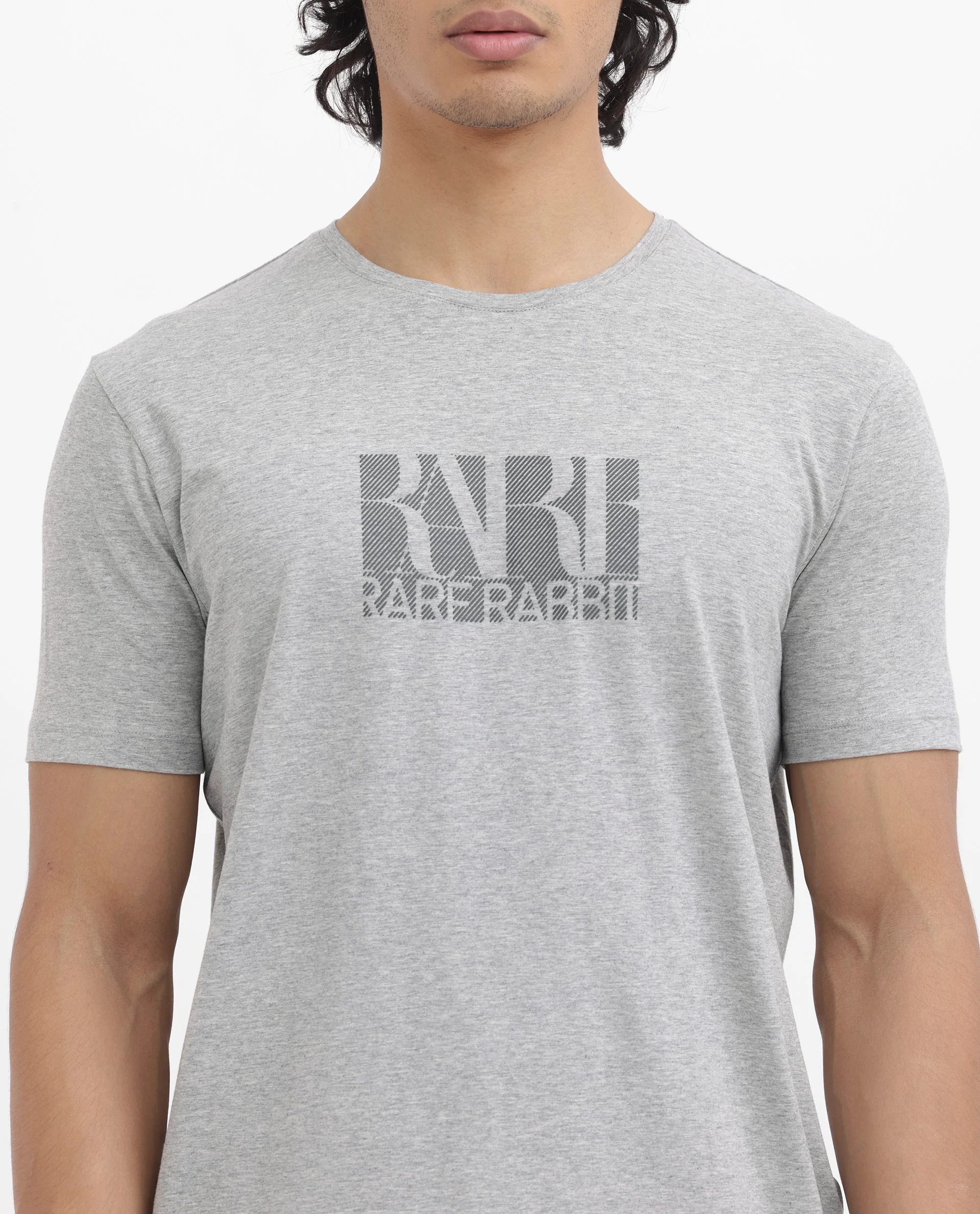 Rare Rabbit Men's Luno Mel Grey Cotton Blend Graphic Print Regular Fit Half Sleeve Crew Neck T-Shirt - Image 6