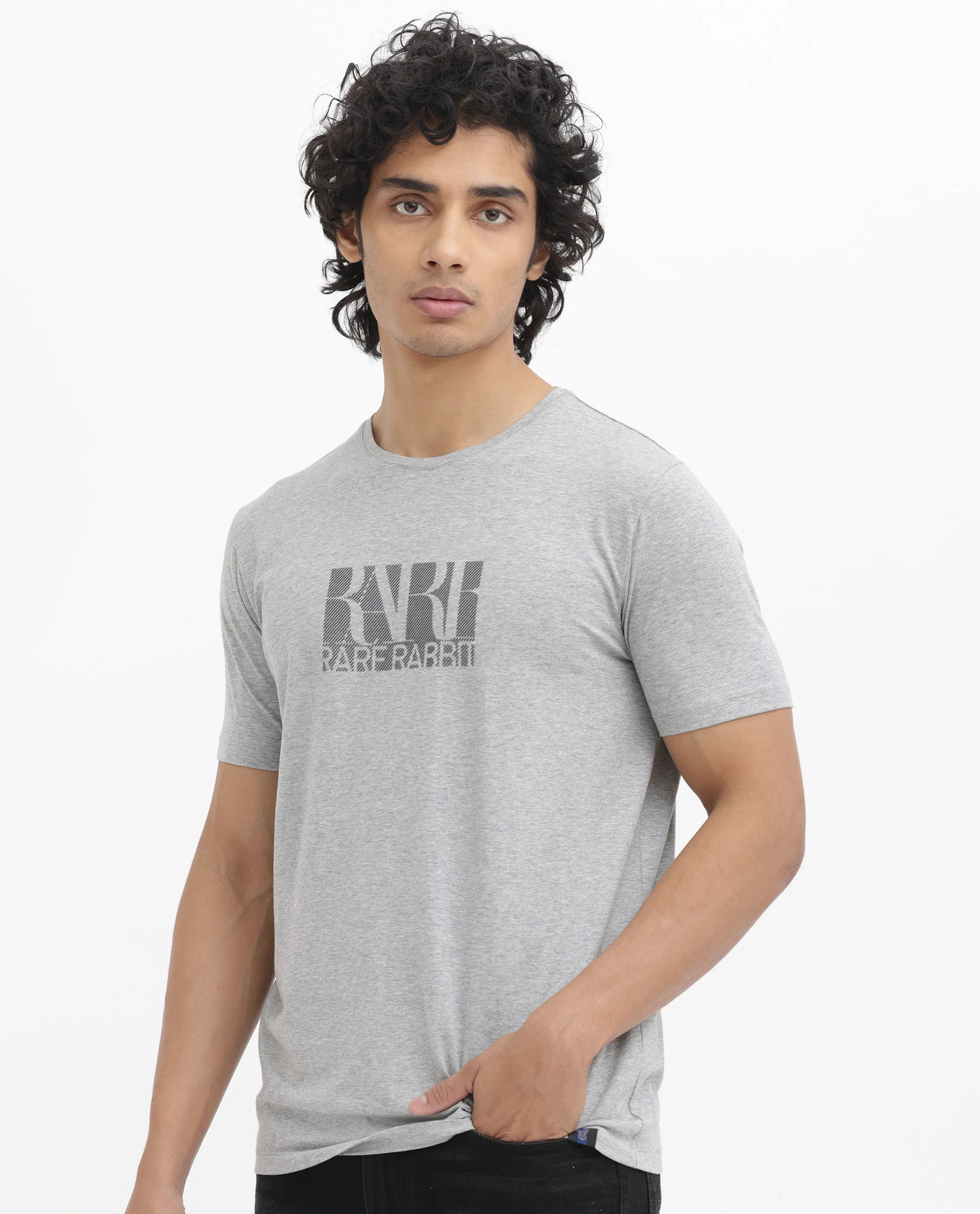 Rare Rabbit Men's Luno Mel Grey Cotton Blend Graphic Print Regular Fit Half Sleeve Crew Neck T-Shirt - Image 7