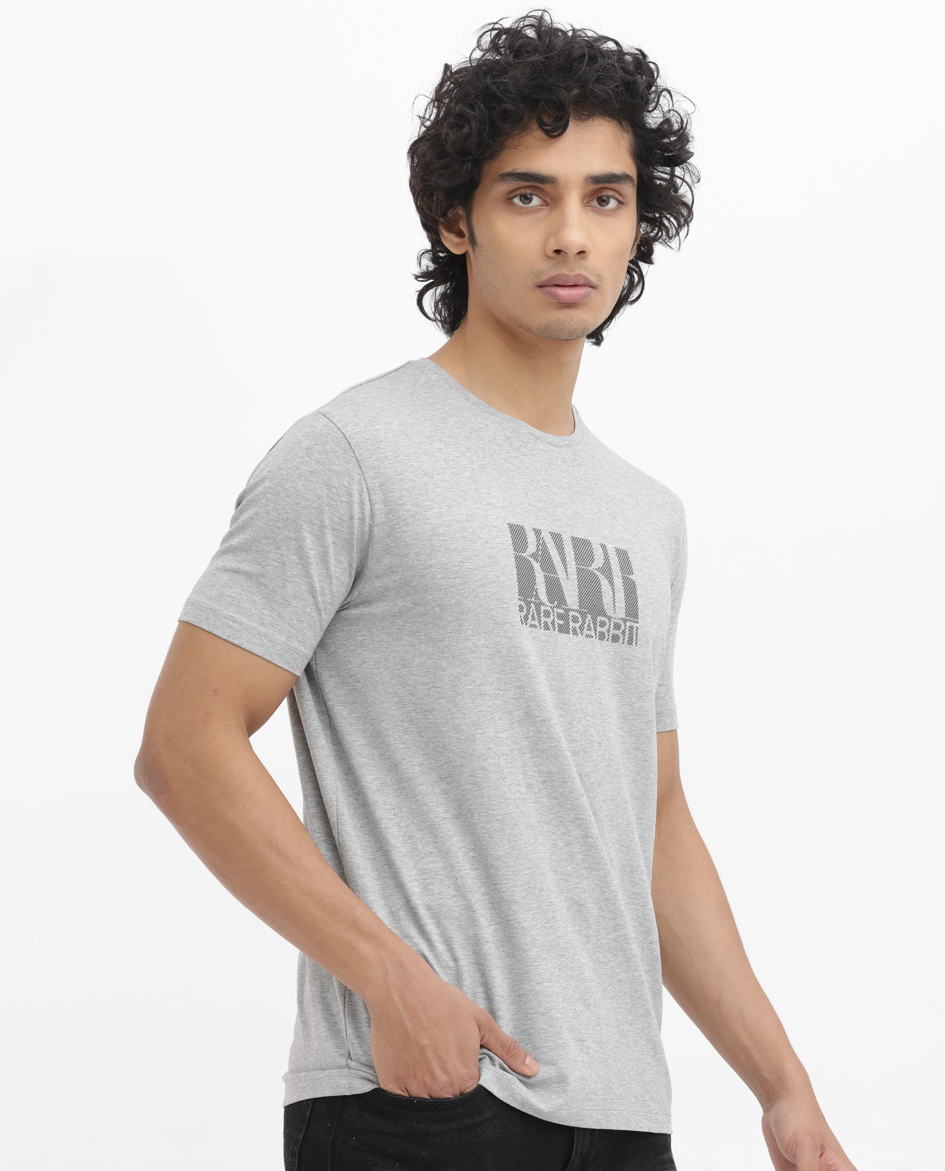 Rare Rabbit Men's Luno Mel Grey Cotton Blend Graphic Print Regular Fit Half Sleeve Crew Neck T-Shirt - Image 8
