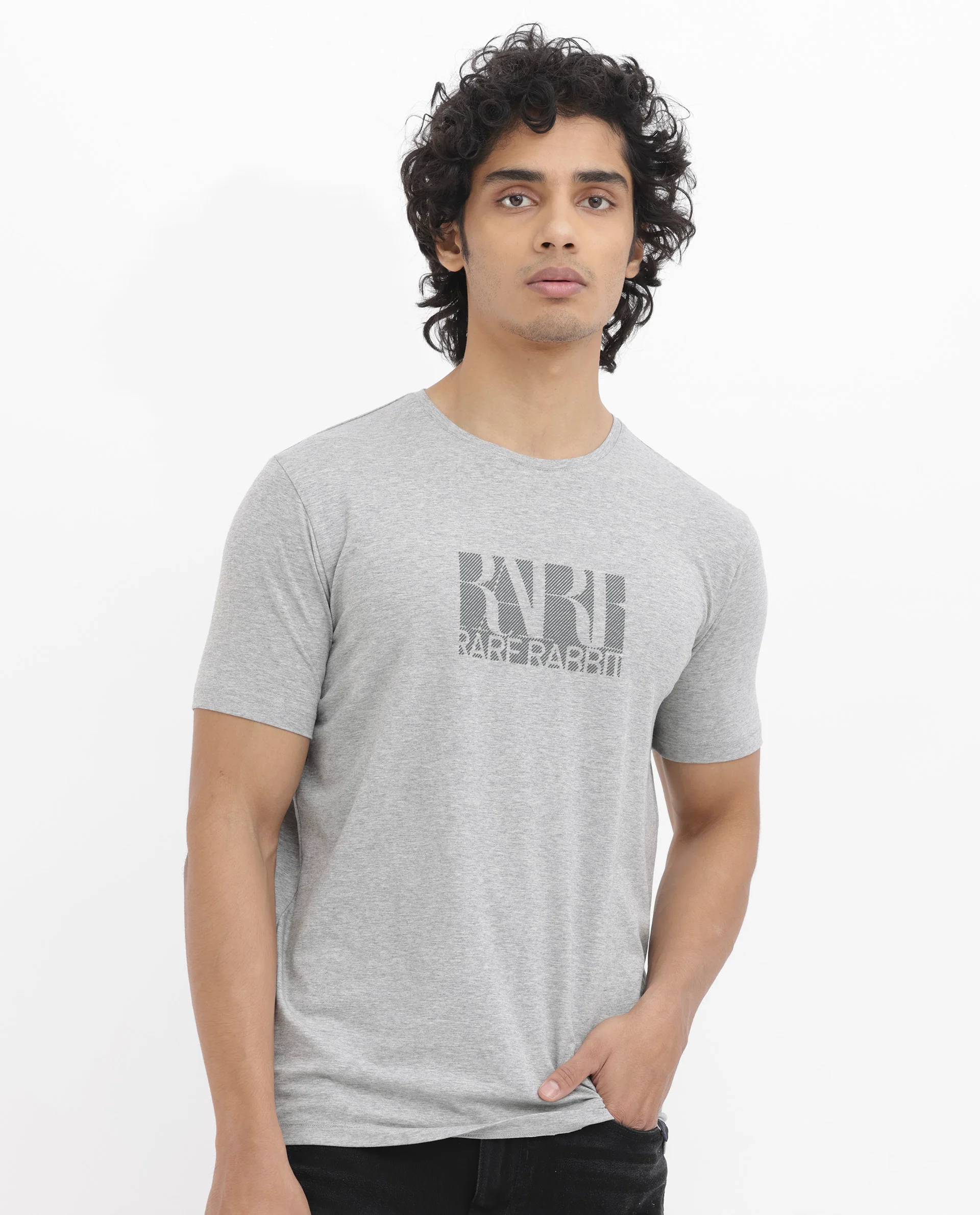 Rare Rabbit Men's Luno Mel Grey Cotton Blend Graphic Print Regular Fit Half Sleeve Crew Neck T-Shirt - Image 9