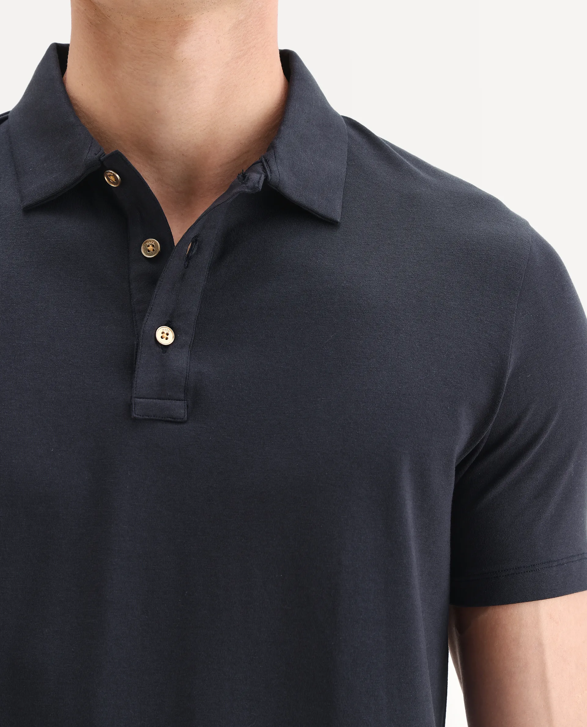 Rare Rabbit Men's Lupin Navy Cotton Plain Regular Fit Half Sleeve Polo - Image 3