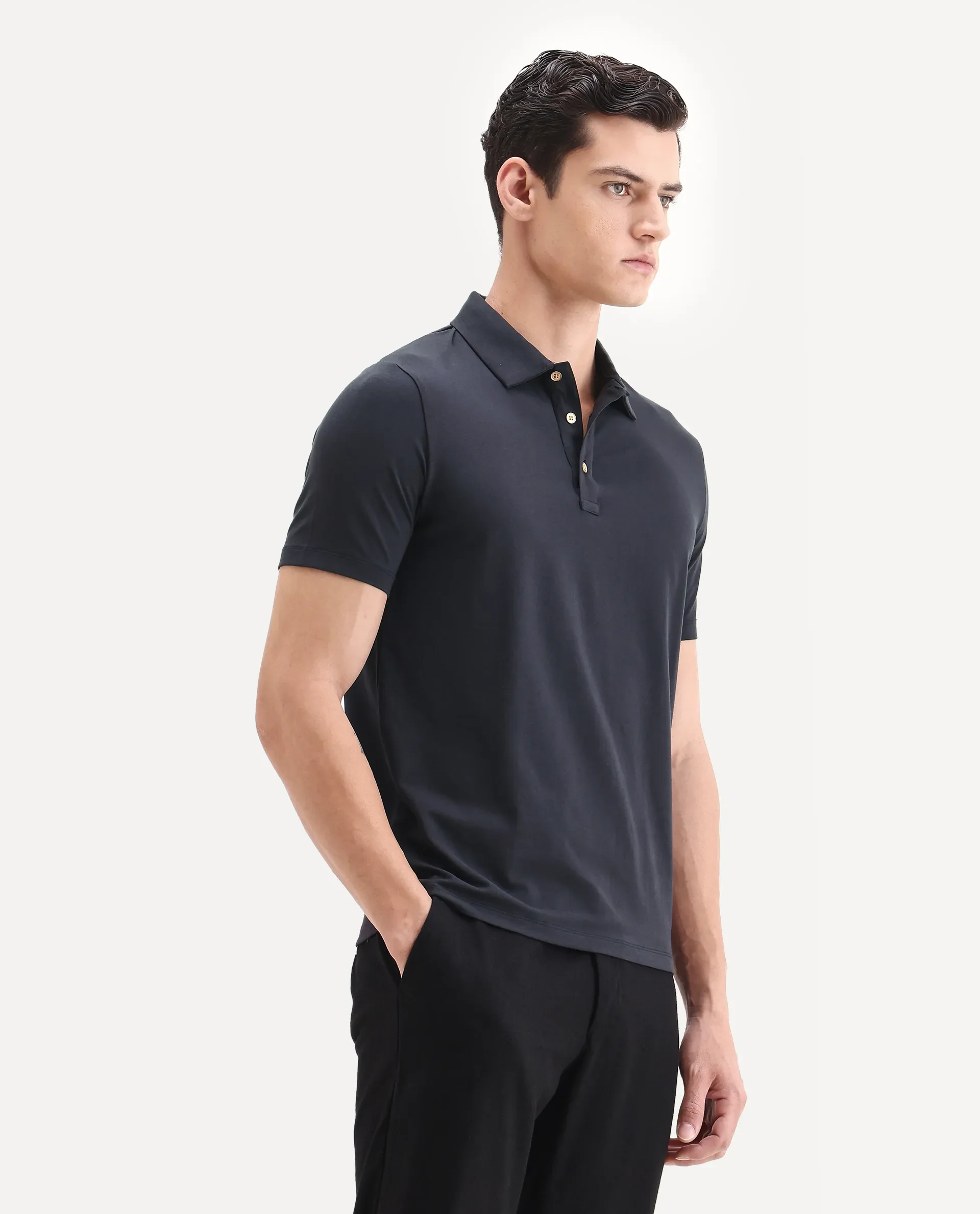 Rare Rabbit Men's Lupin Navy Cotton Plain Regular Fit Half Sleeve Polo - Image 4