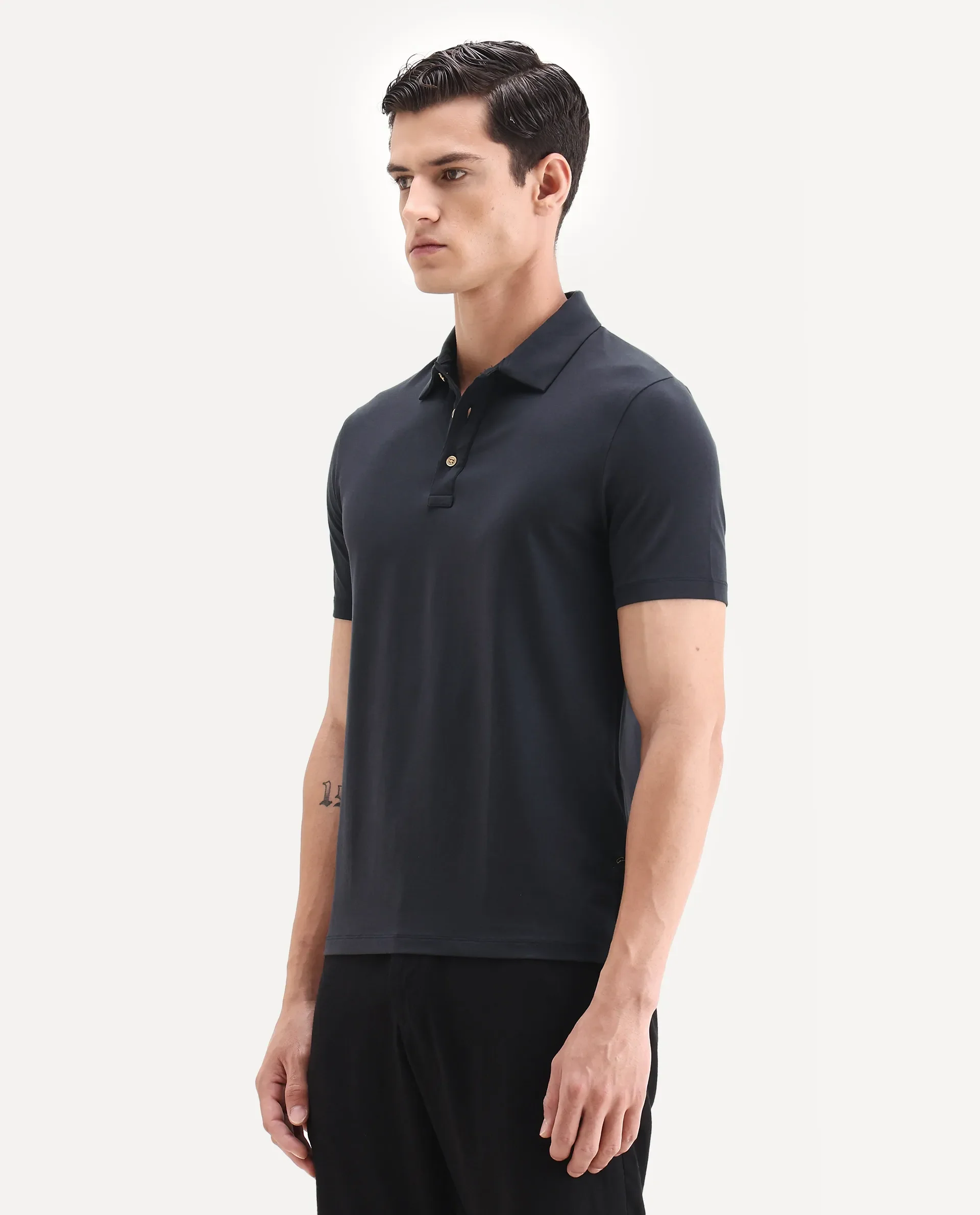 Rare Rabbit Men's Lupin Navy Cotton Plain Regular Fit Half Sleeve Polo - Image 5
