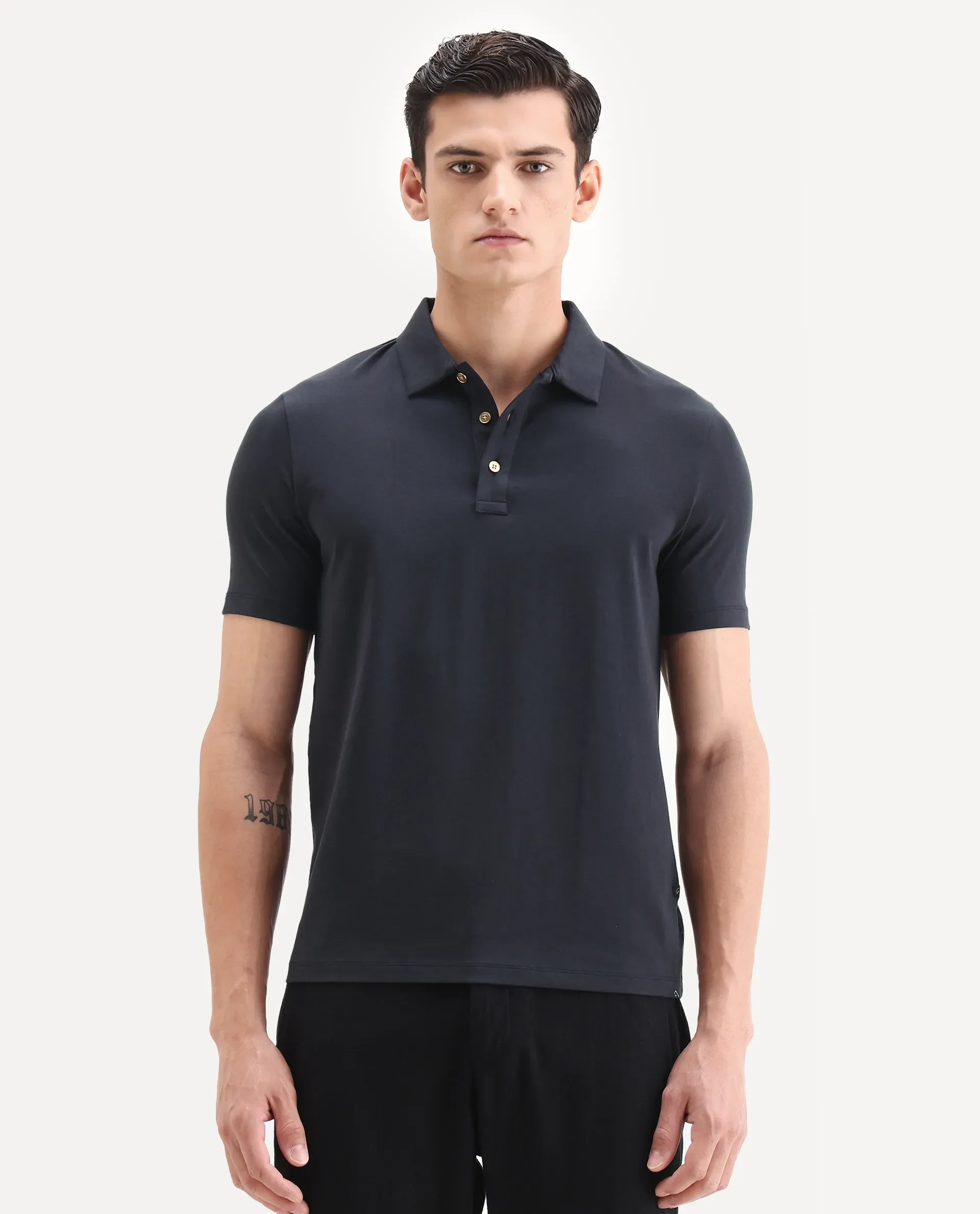Rare Rabbit Men's Lupin Navy Cotton Plain Regular Fit Half Sleeve Polo - Image 6