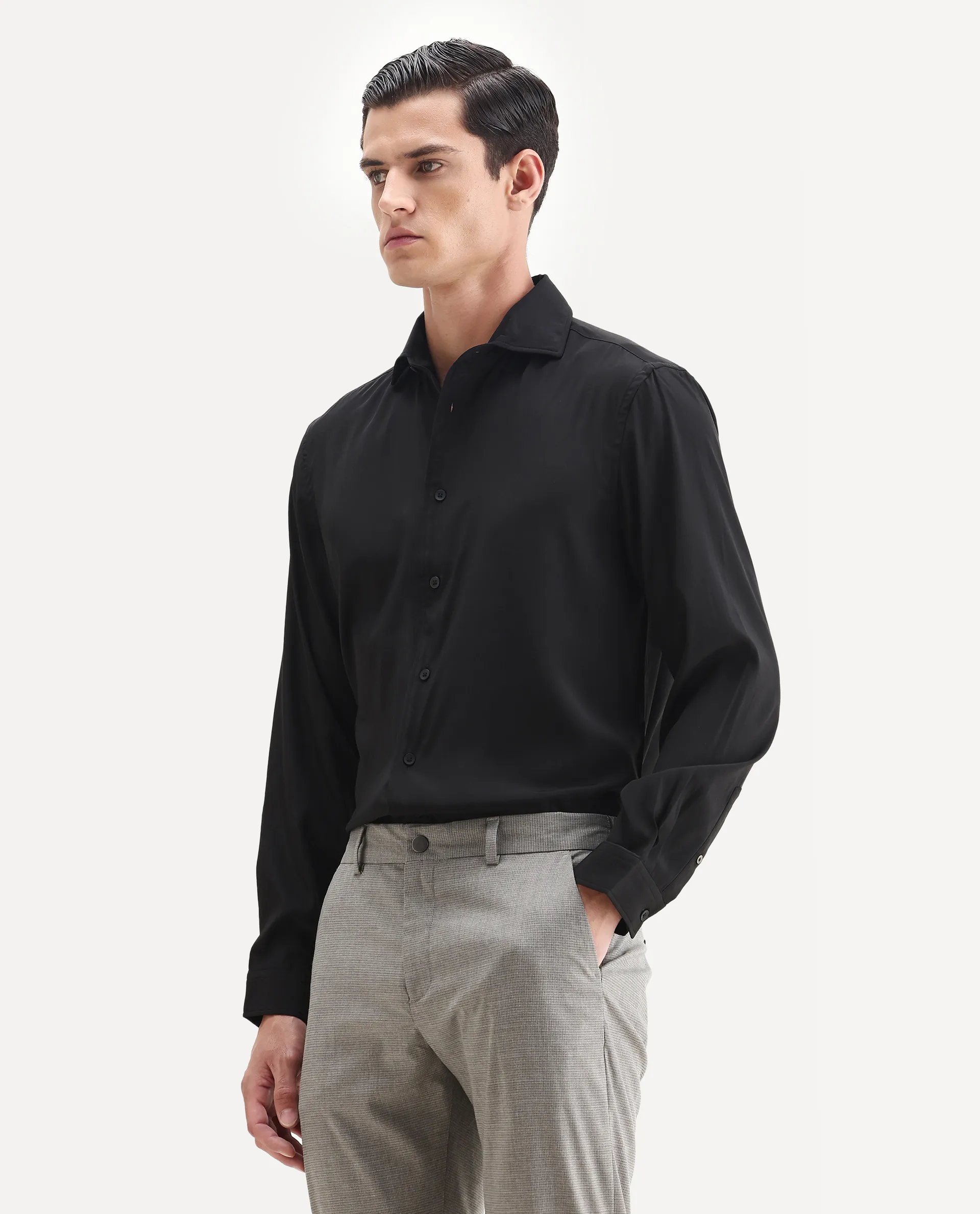 Rare Rabbit Men's Lupo Black Polyester Blend Plain Regular Fit Full Sleeve Collared Shirt - Image 4