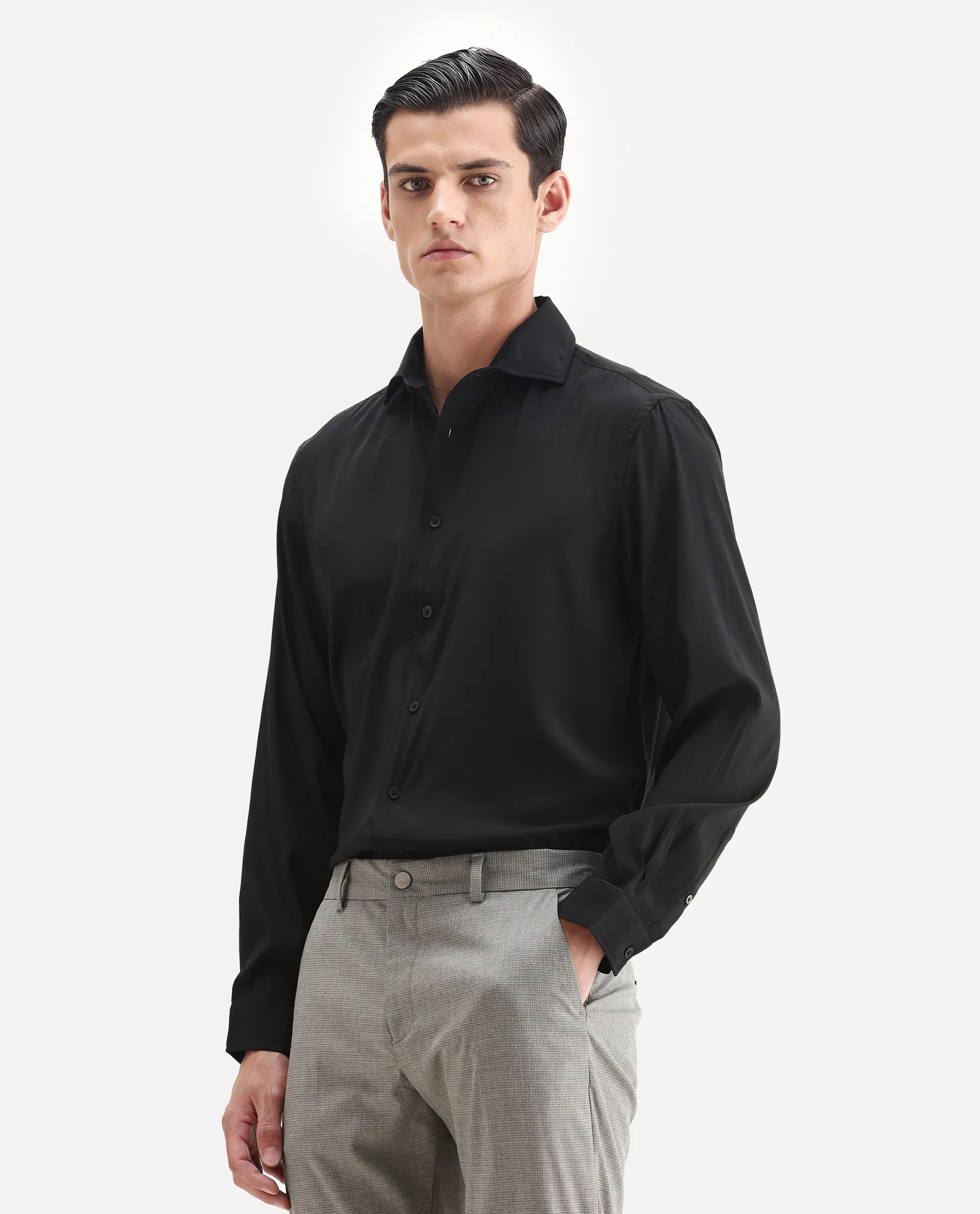 Rare Rabbit Men's Lupo Black Polyester Blend Plain Regular Fit Full Sleeve Collared Shirt - Image 5