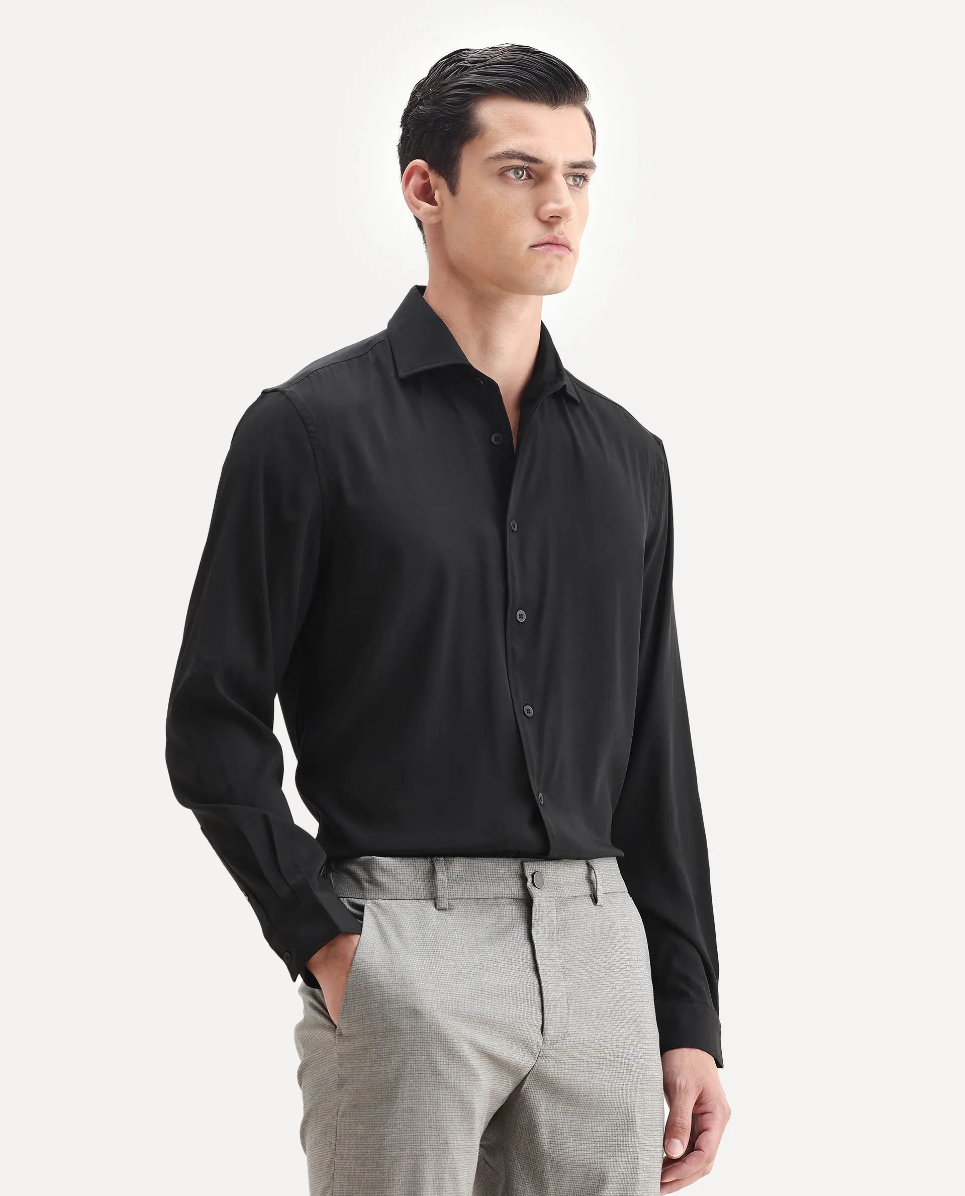 Rare Rabbit Men's Lupo Black Polyester Blend Plain Regular Fit Full Sleeve Collared Shirt - Image 6