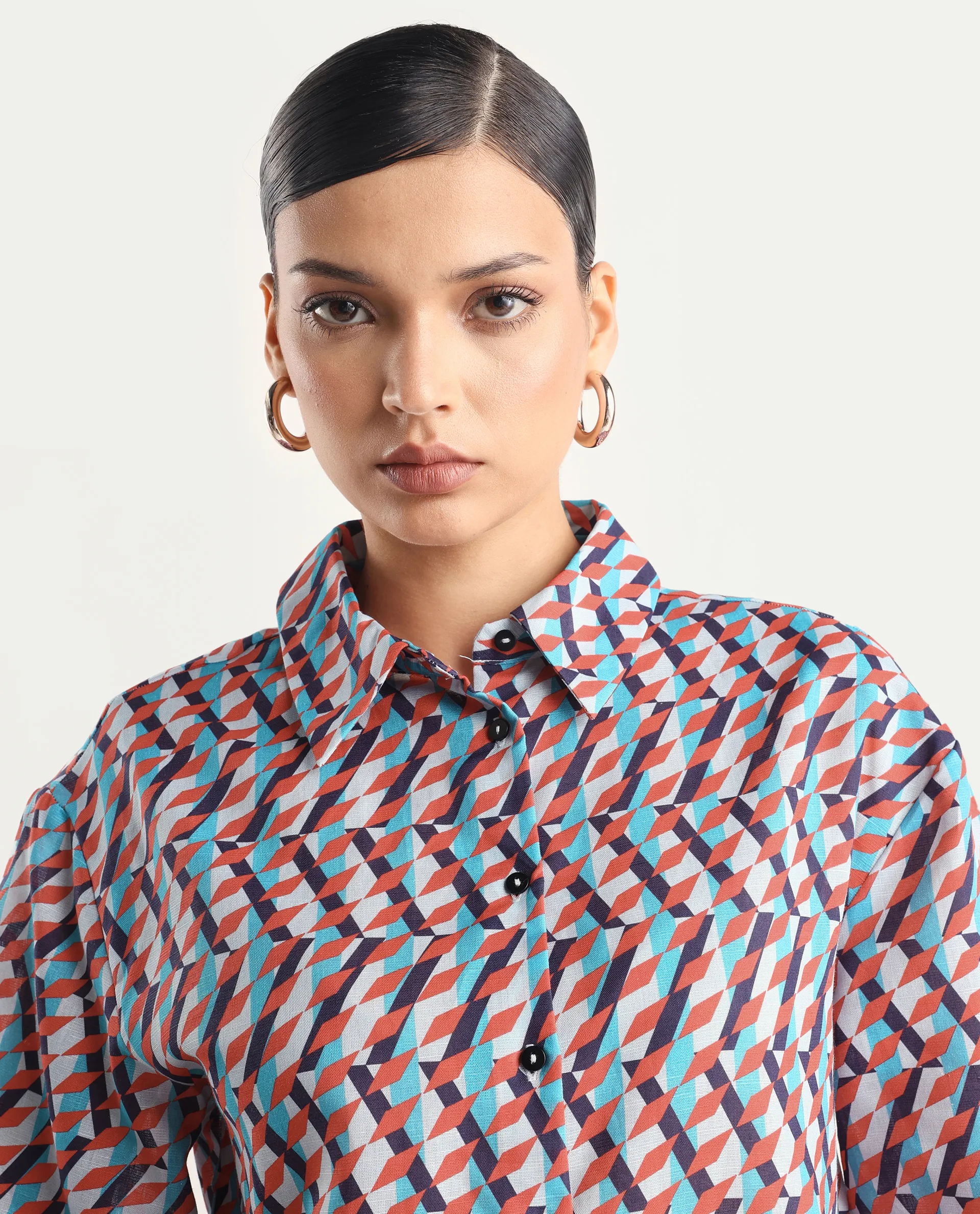 Rareism Women's Luren Dark Multi Cotton Blend Drop Collar Geometric Print Cuffed Sleeve Regular Fit Shirt - Image 3