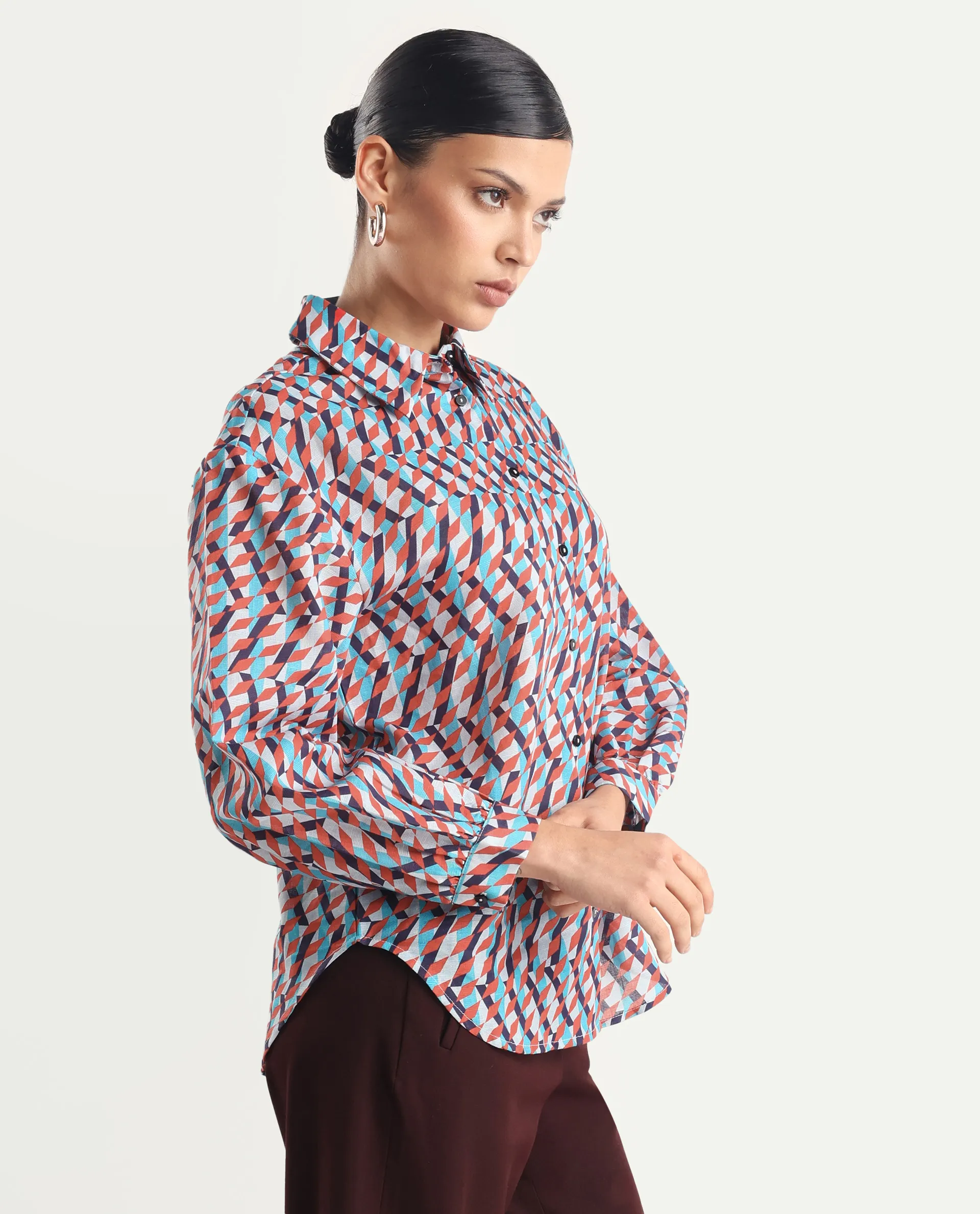 Rareism Women's Luren Dark Multi Cotton Blend Drop Collar Geometric Print Cuffed Sleeve Regular Fit Shirt - Image 4