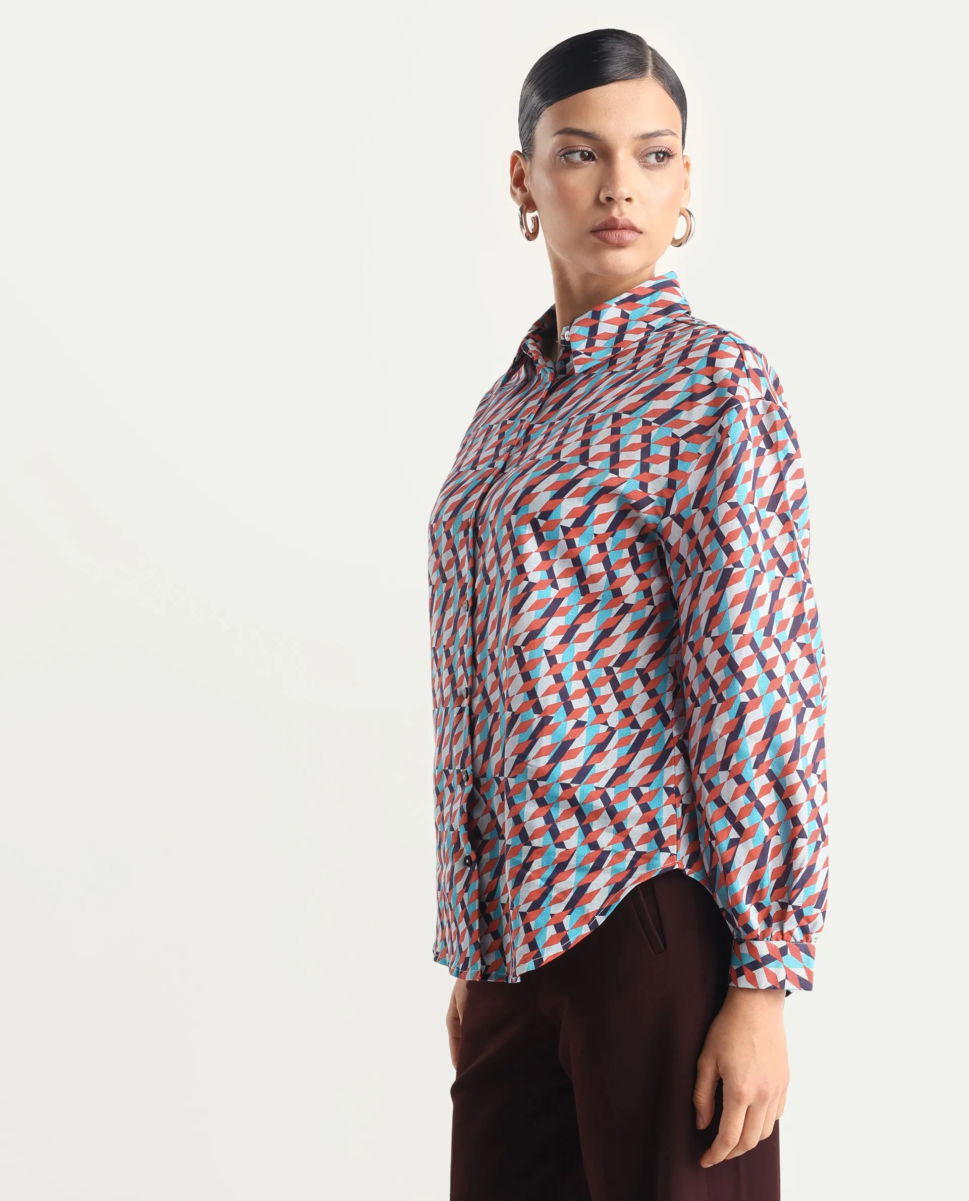 Rareism Women's Luren Dark Multi Cotton Blend Drop Collar Geometric Print Cuffed Sleeve Regular Fit Shirt - Image 5