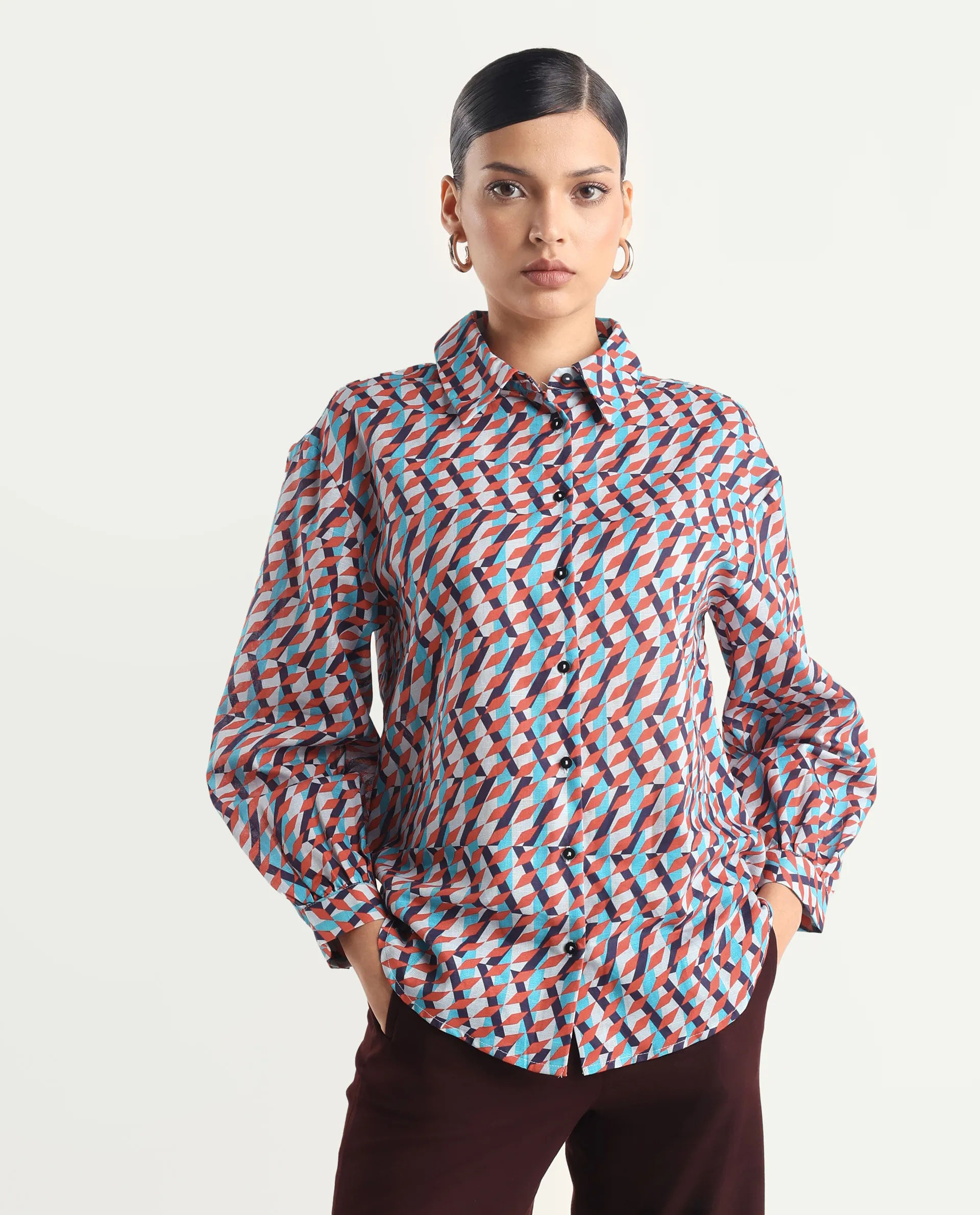 Rareism Women's Luren Dark Multi Cotton Blend Drop Collar Geometric Print Cuffed Sleeve Regular Fit Shirt - Image 6