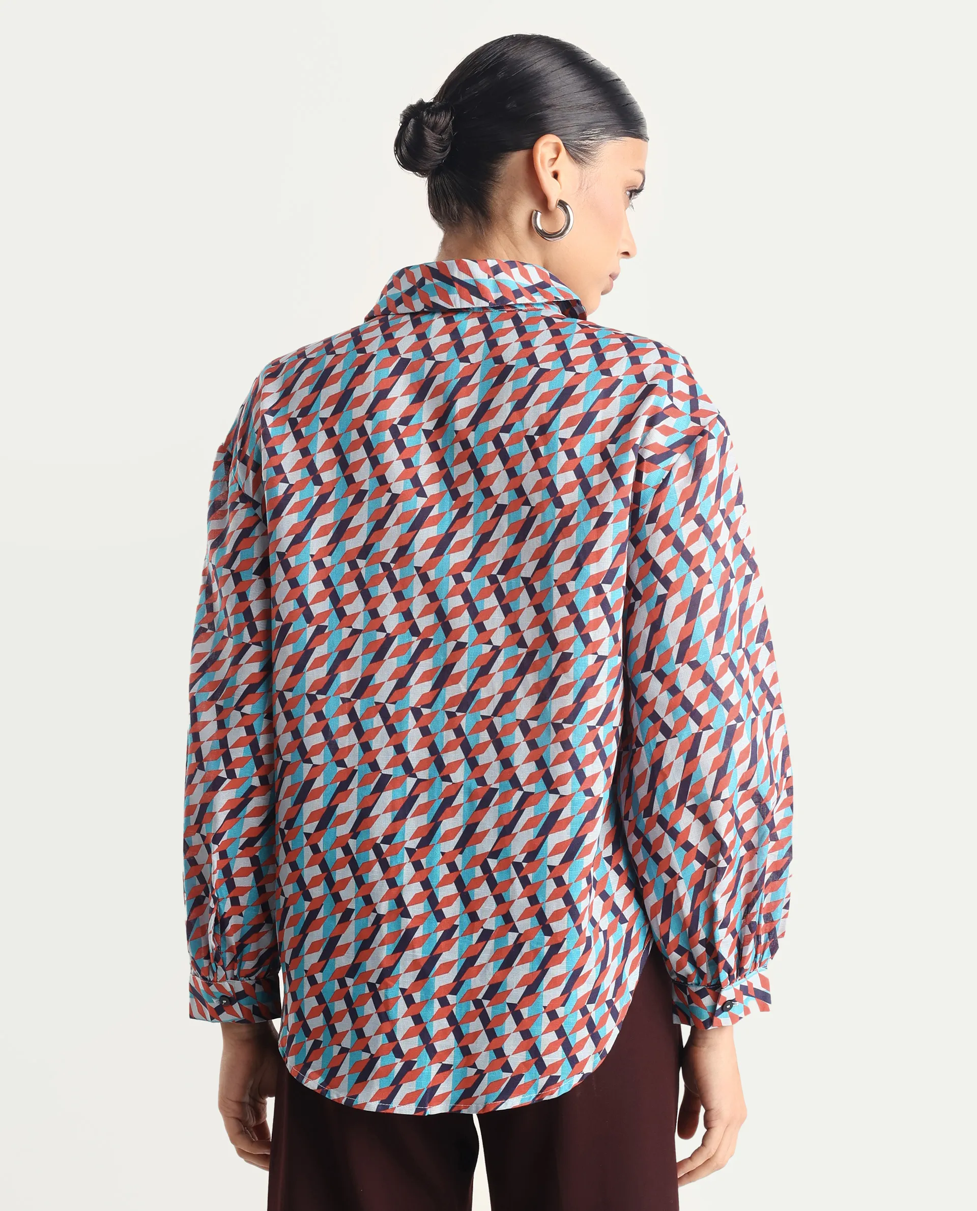 Rareism Women's Luren Dark Multi Cotton Blend Drop Collar Geometric Print Cuffed Sleeve Regular Fit Shirt - Image 7