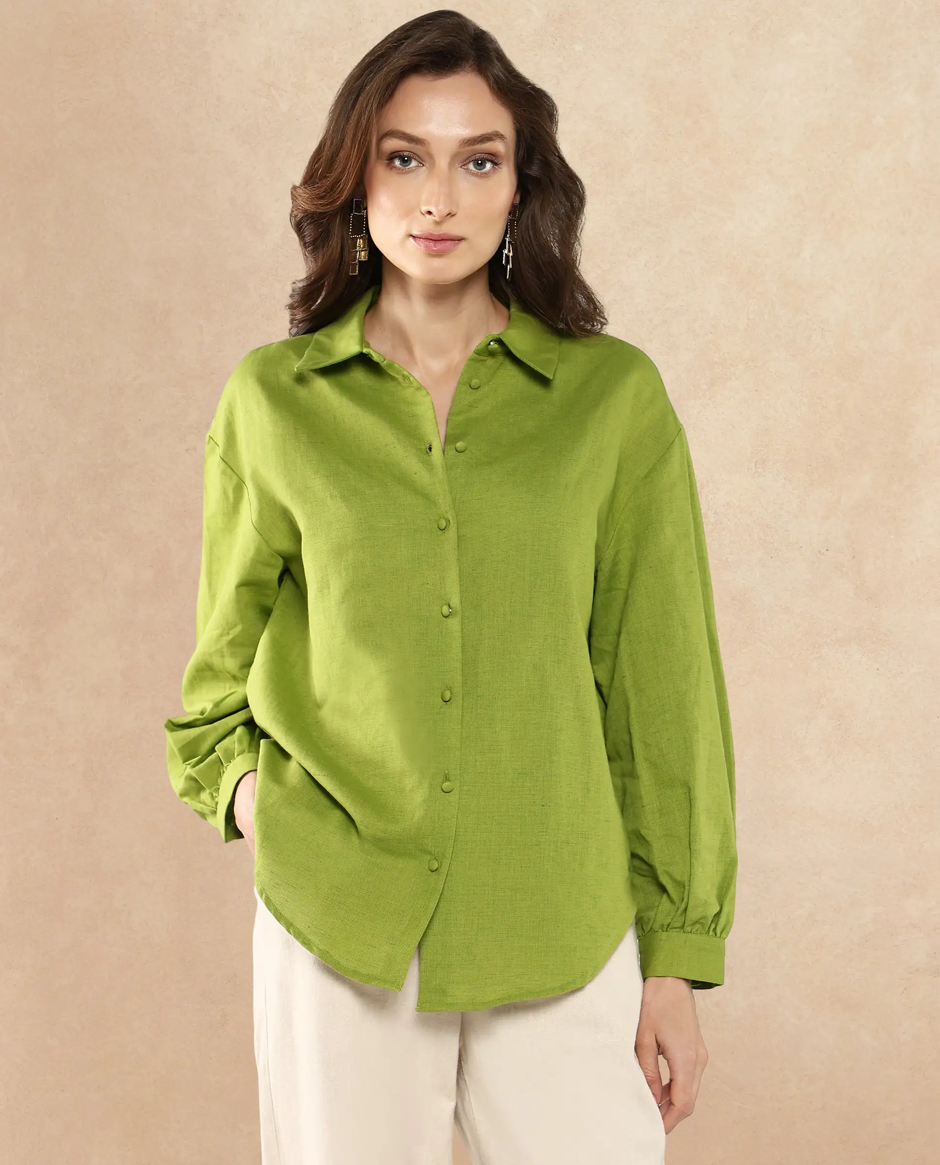 Rareism Women's Lureno Light Olive Cotton Blend Spread Collar Plain Cuffed Sleeve Regular Fit Top