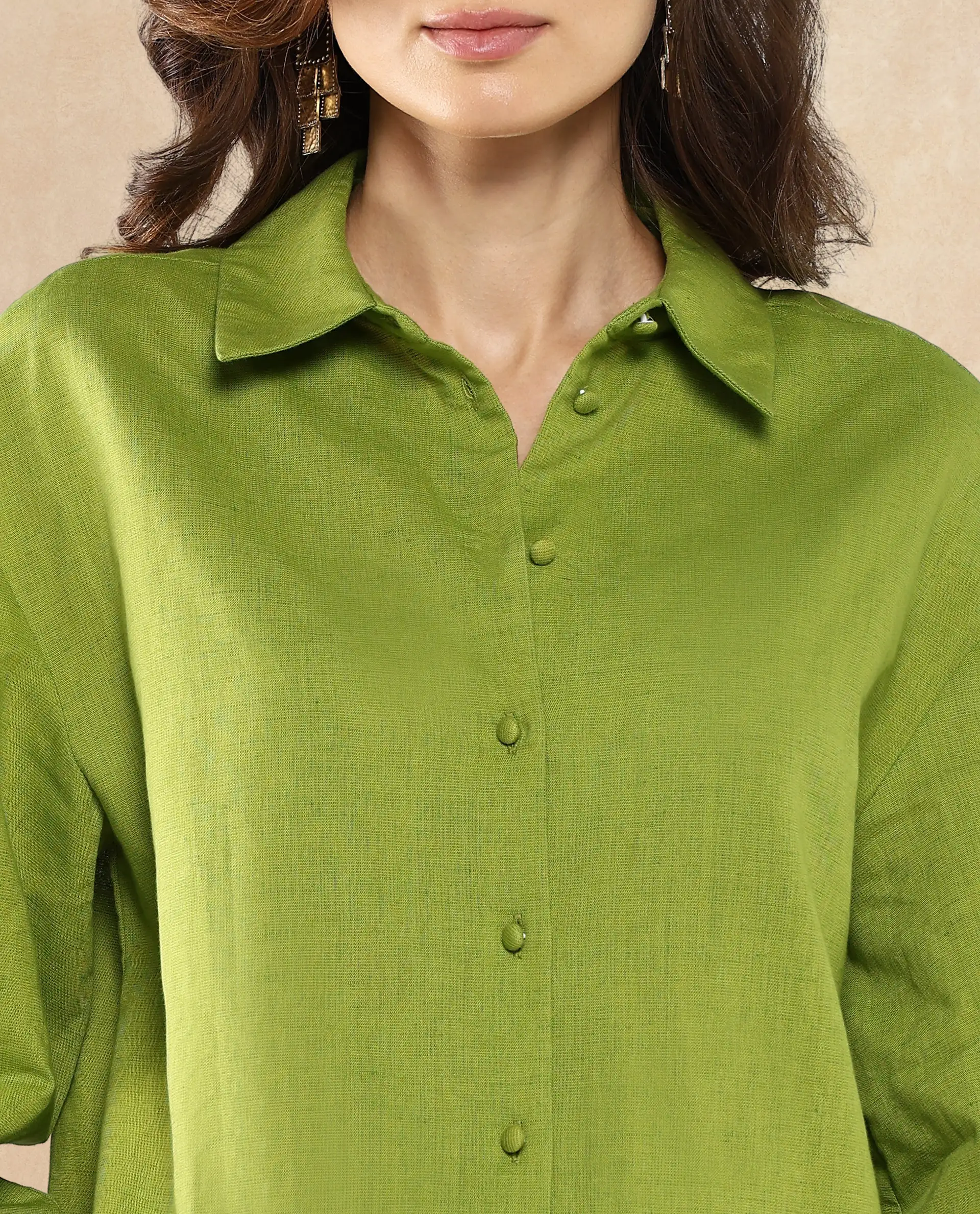 Rareism Women's Lureno Light Olive Cotton Blend Spread Collar Plain Cuffed Sleeve Regular Fit Top - Image 2