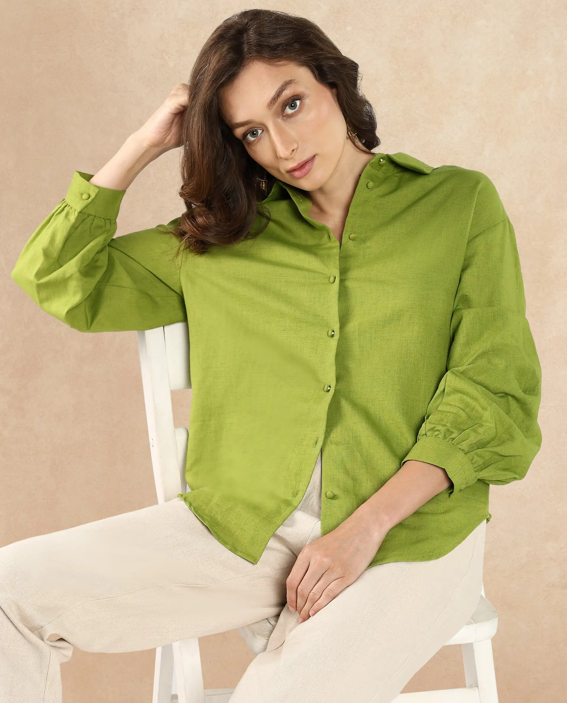 Rareism Women's Lureno Light Olive Cotton Blend Spread Collar Plain Cuffed Sleeve Regular Fit Top - Image 3